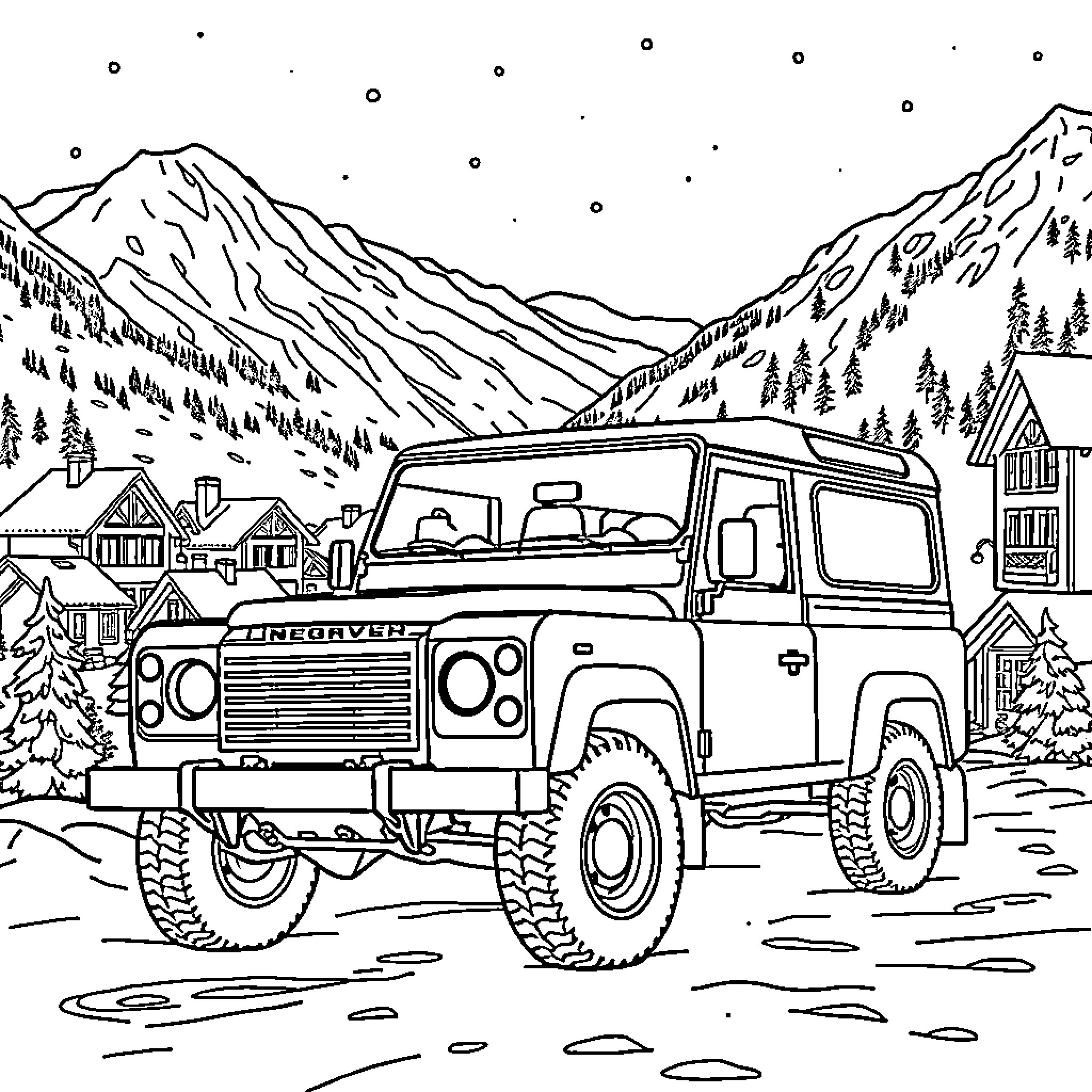 Land Rover off-roading in snowy mountain landscape Coloring Page (free black-and-white line drawing printable PDF for all, from beginners to advanced learners, including children, teens, adults, and seniors)
