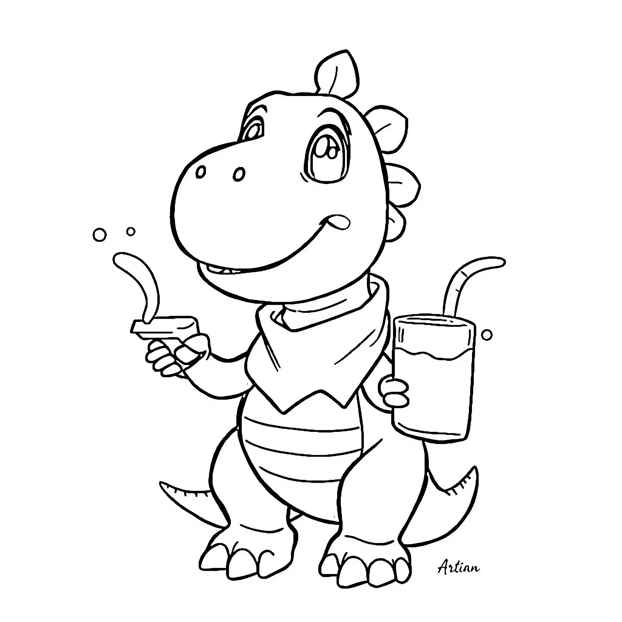 Dinosaur enjoying a refreshing drink Coloring Page (free black-and-white line drawing printable PDF for all, from beginners to advanced learners, including children, teens, adults, and seniors)