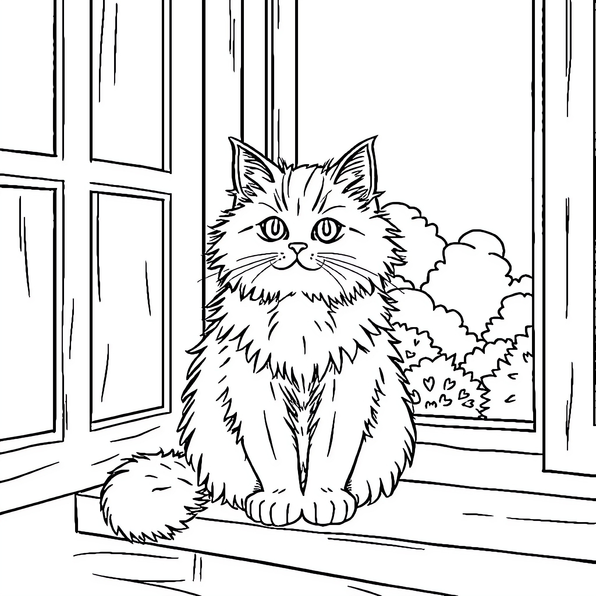 Cat sitting by the window Coloring Page (free black-and-white line drawing printable PDF for all, from beginners to advanced learners, including children, teens, adults, and seniors)