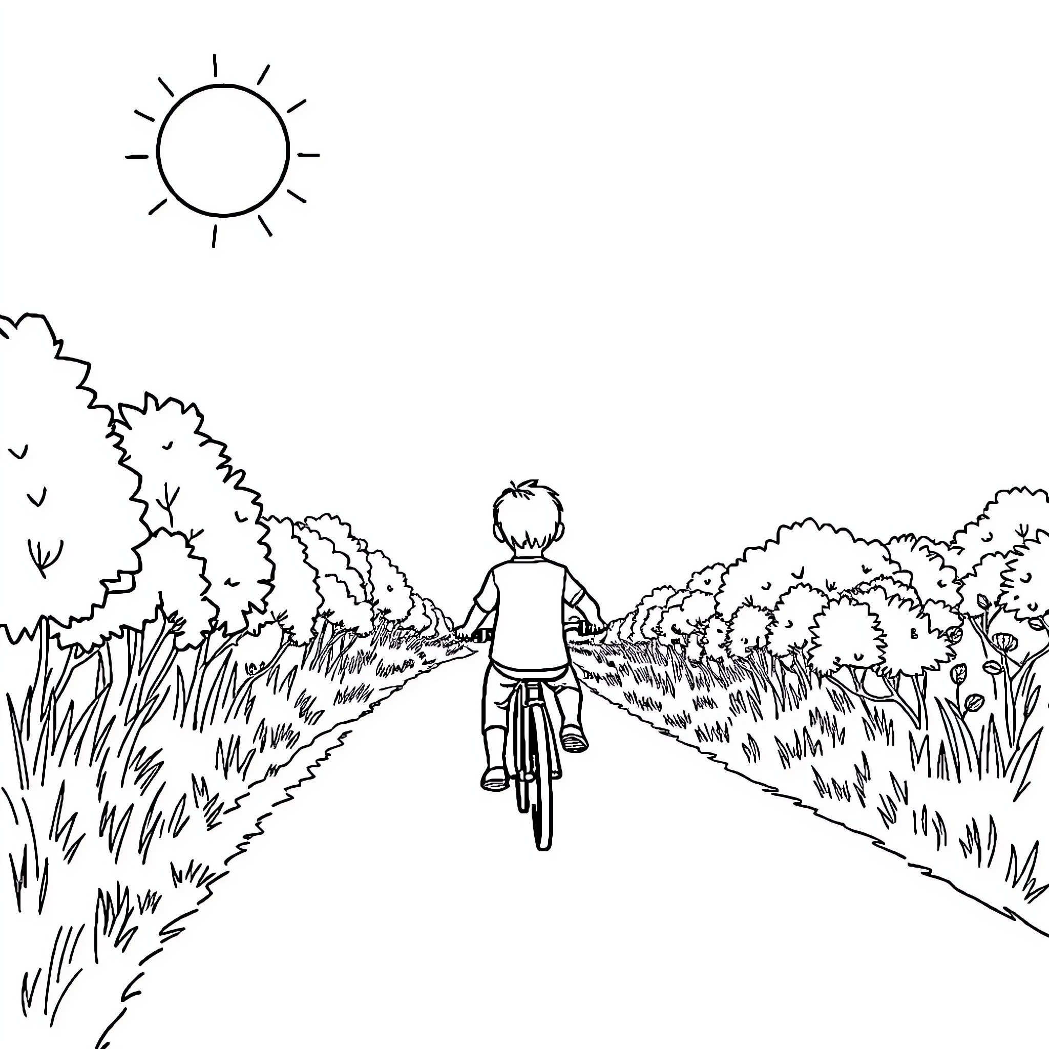 Boy riding bicycle on a path through nature Coloring Page (free black-and-white line drawing printable PDF for all, from beginners to advanced learners, including children, teens, adults, and seniors)