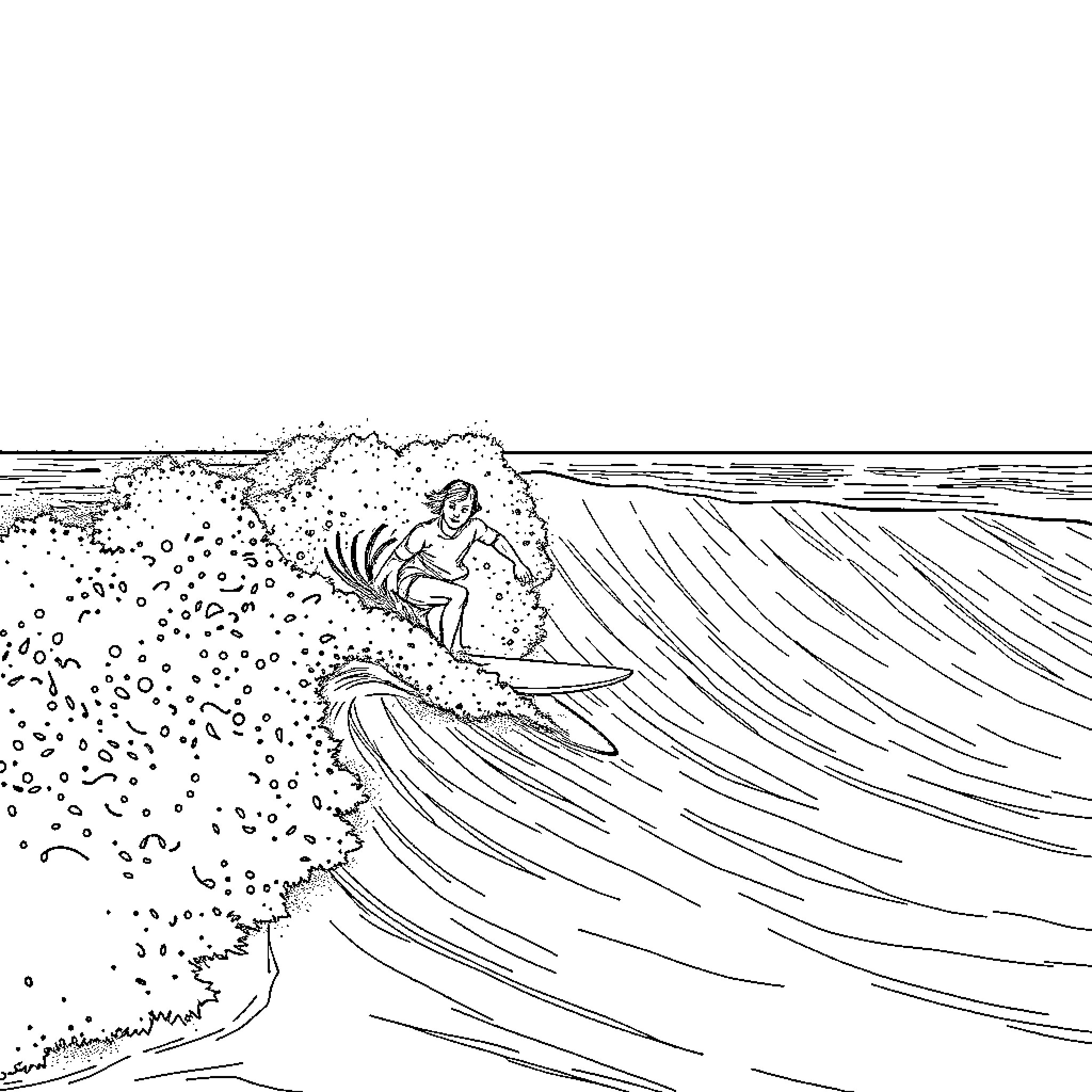 Dod surfer riding huge wave in ocean Coloring Page (free black-and-white line drawing printable PDF for all, from beginners to advanced learners, including children, teens, adults, and seniors)