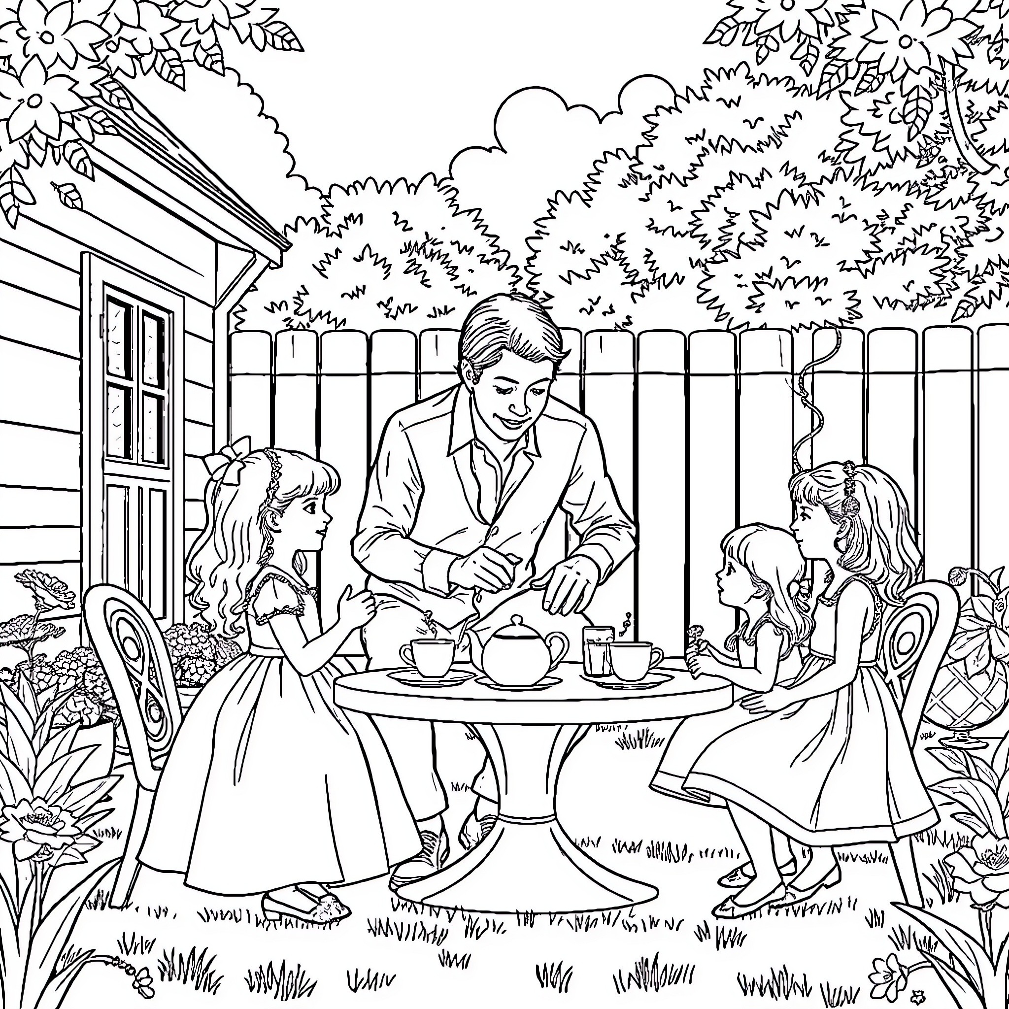 Girl's tea party with family in backyard garden Coloring Page (free black-and-white line drawing printable PDF for all, from beginners to advanced learners, including children, teens, adults, and seniors)