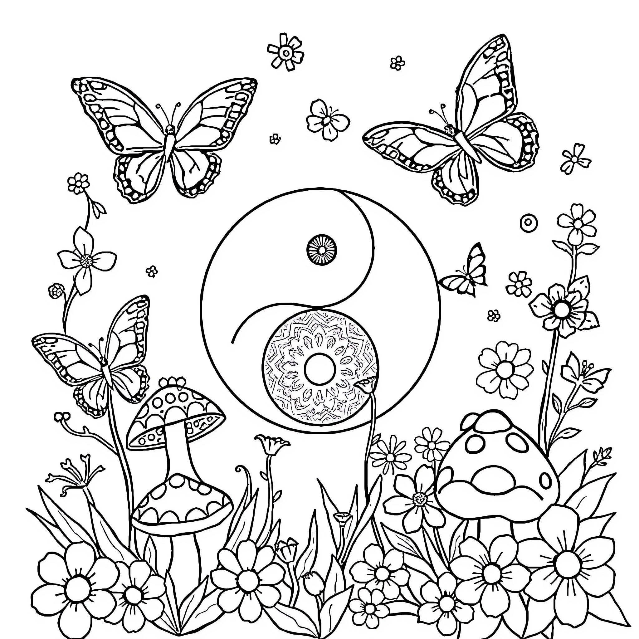 Vibes of Whimsical Nature Coloring Page (free black-and-white line drawing printable PDF for all, from beginners to advanced learners, including children, teens, adults, and seniors)