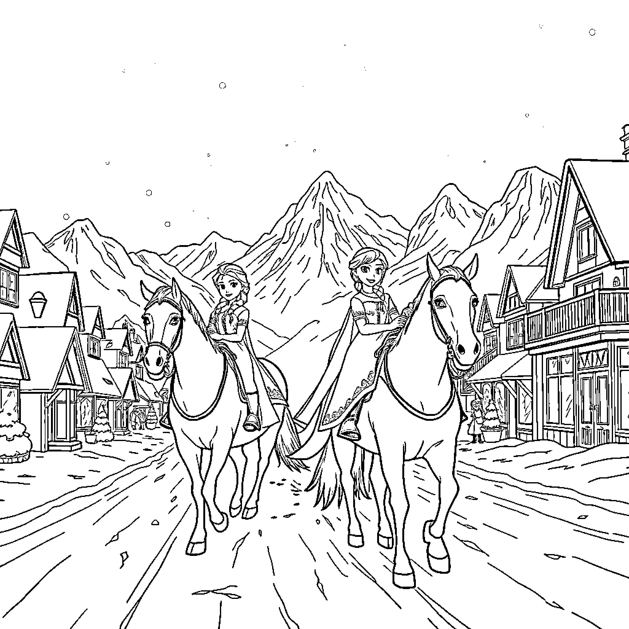Elsa and companions riding horses through snowy mountain town Coloring Page (free black-and-white line drawing printable PDF for all, from beginners to advanced learners, including children, teens, adults, and seniors)