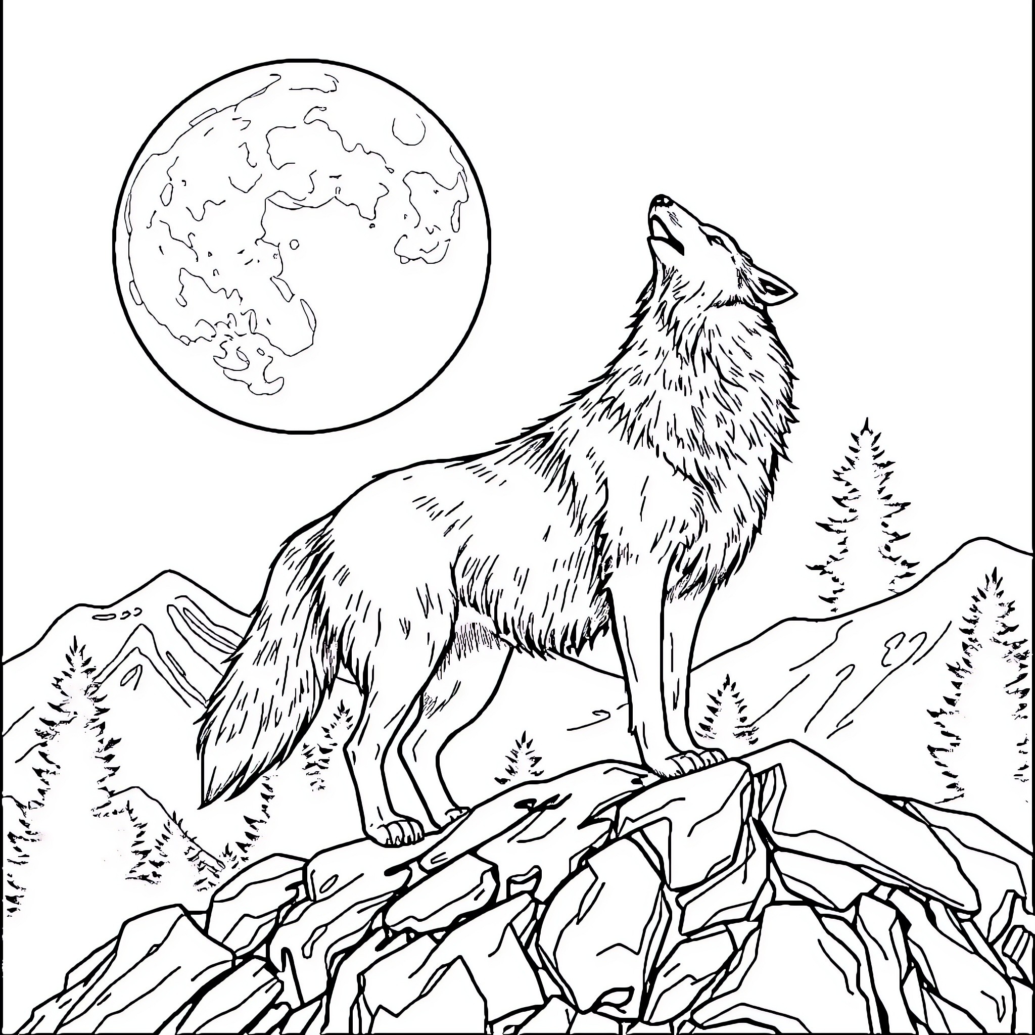 Wolf howling under the full moon Coloring Page (free black-and-white line drawing printable PDF for all, from beginners to advanced learners, including children, teens, adults, and seniors)
