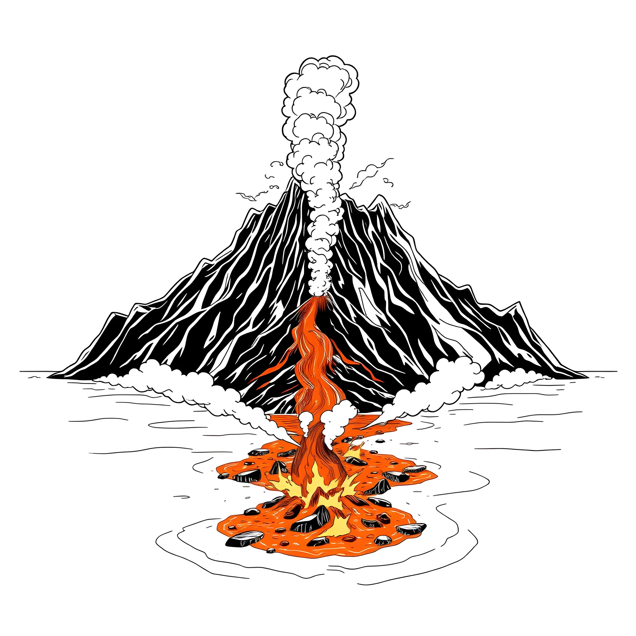 Volcano erupting with lava and smoke Coloring Page (free black-and-white line drawing printable PDF for all, from beginners to advanced learners, including children, teens, adults, and seniors)