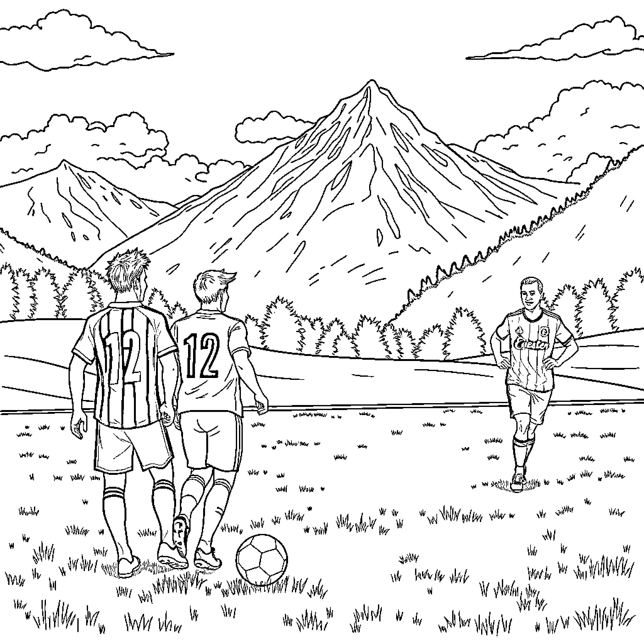 Futziballer Playing in a Scenic Mountain Landscape Coloring Page (free black-and-white line drawing printable PDF for all, from beginners to advanced learners, including children, teens, adults, and seniors)