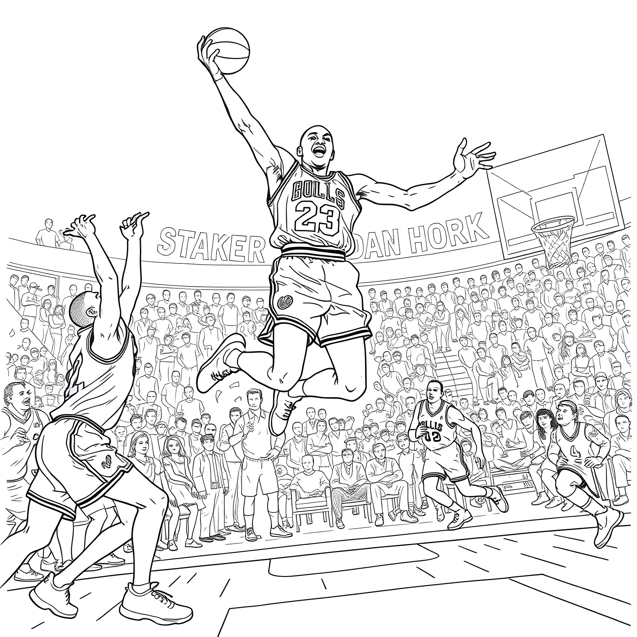 Michael Jordan Soaring Above Defenders During Basketball Game Coloring Page (free black-and-white line drawing printable PDF for all, from beginners to advanced learners, including children, teens, adults, and seniors)