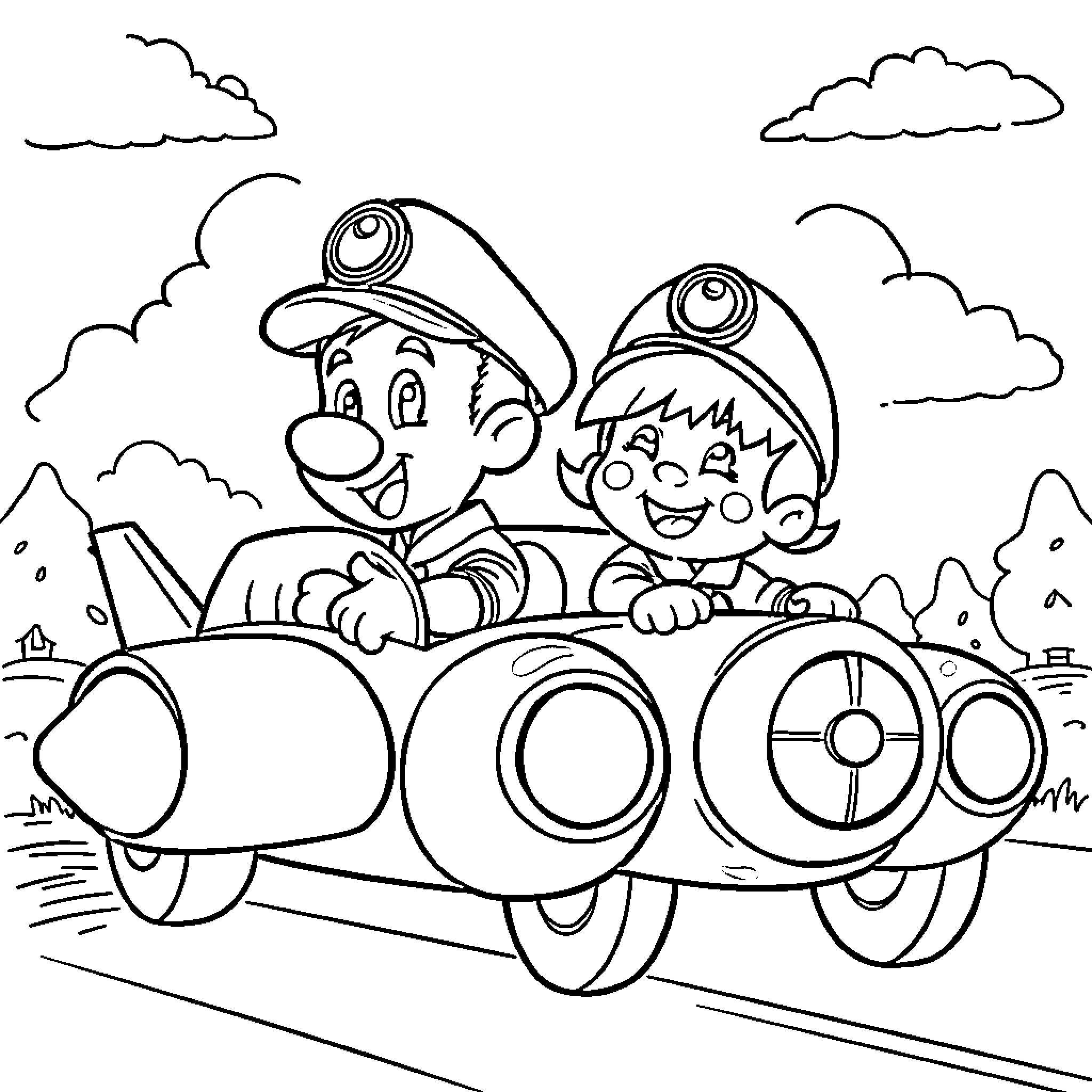 Bluey and friends playing in a toy car Coloring Page (free black-and-white line drawing printable PDF for all, from beginners to advanced learners, including children, teens, adults, and seniors)