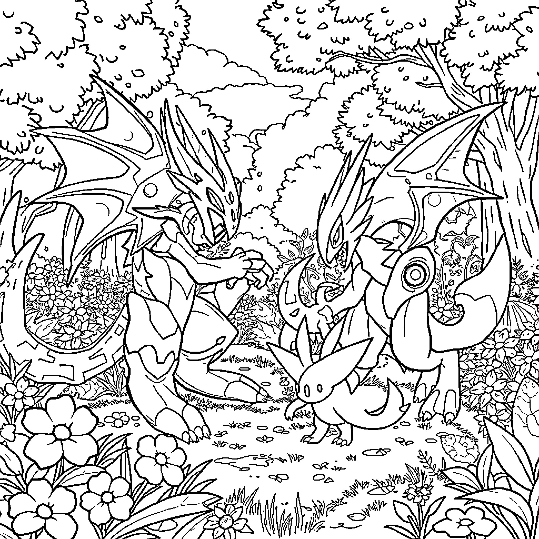 Digimon Characters Exploring Fantastical Floral Landscape Coloring Page (free black-and-white line drawing printable PDF for all, from beginners to advanced learners, including children, teens, adults, and seniors)