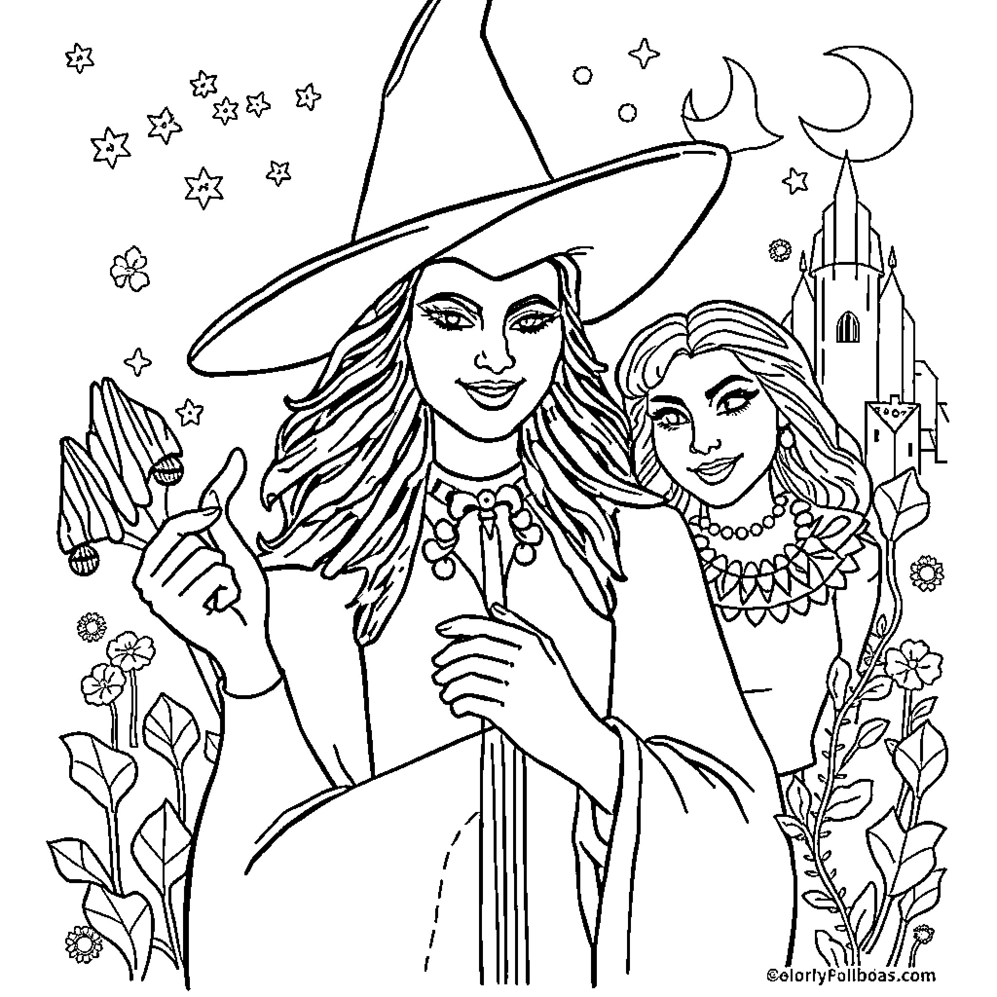 Wicked witches casting spells in the moonlight Coloring Page (free black-and-white line drawing printable PDF for all, from beginners to advanced learners, including children, teens, adults, and seniors)