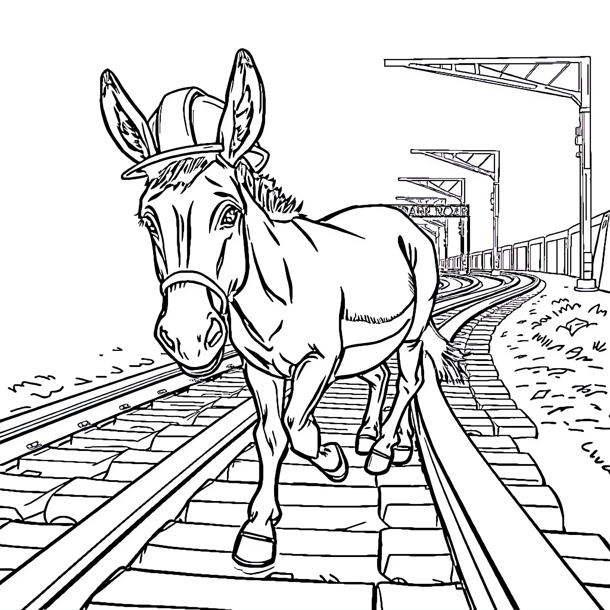 Donkey walking along the railroad tracks Coloring Page (free black-and-white line drawing printable PDF for all, from beginners to advanced learners, including children, teens, adults, and seniors)