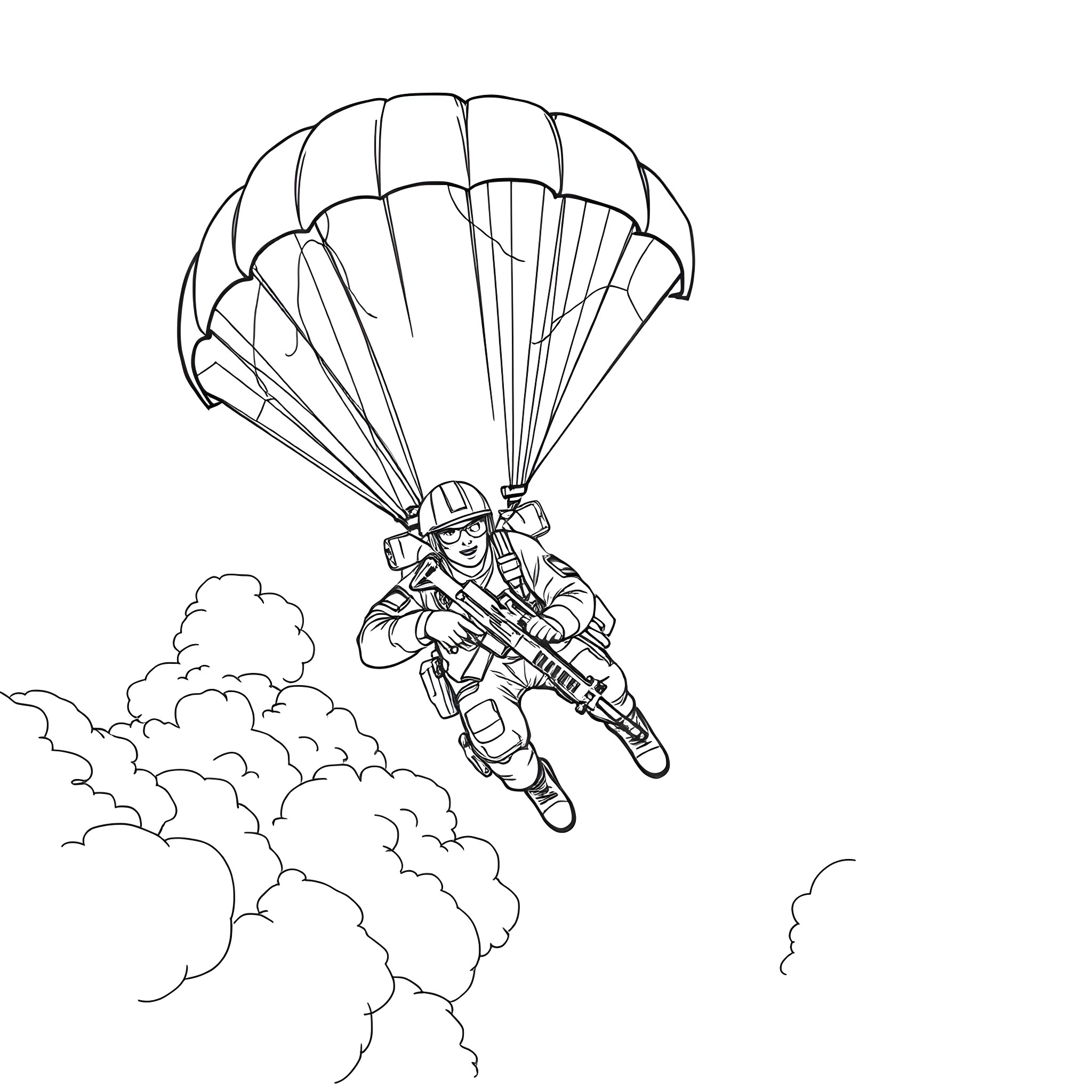 Soldier parachuting through the clouds Coloring Page (free black-and-white line drawing printable PDF for all, from beginners to advanced learners, including children, teens, adults, and seniors)