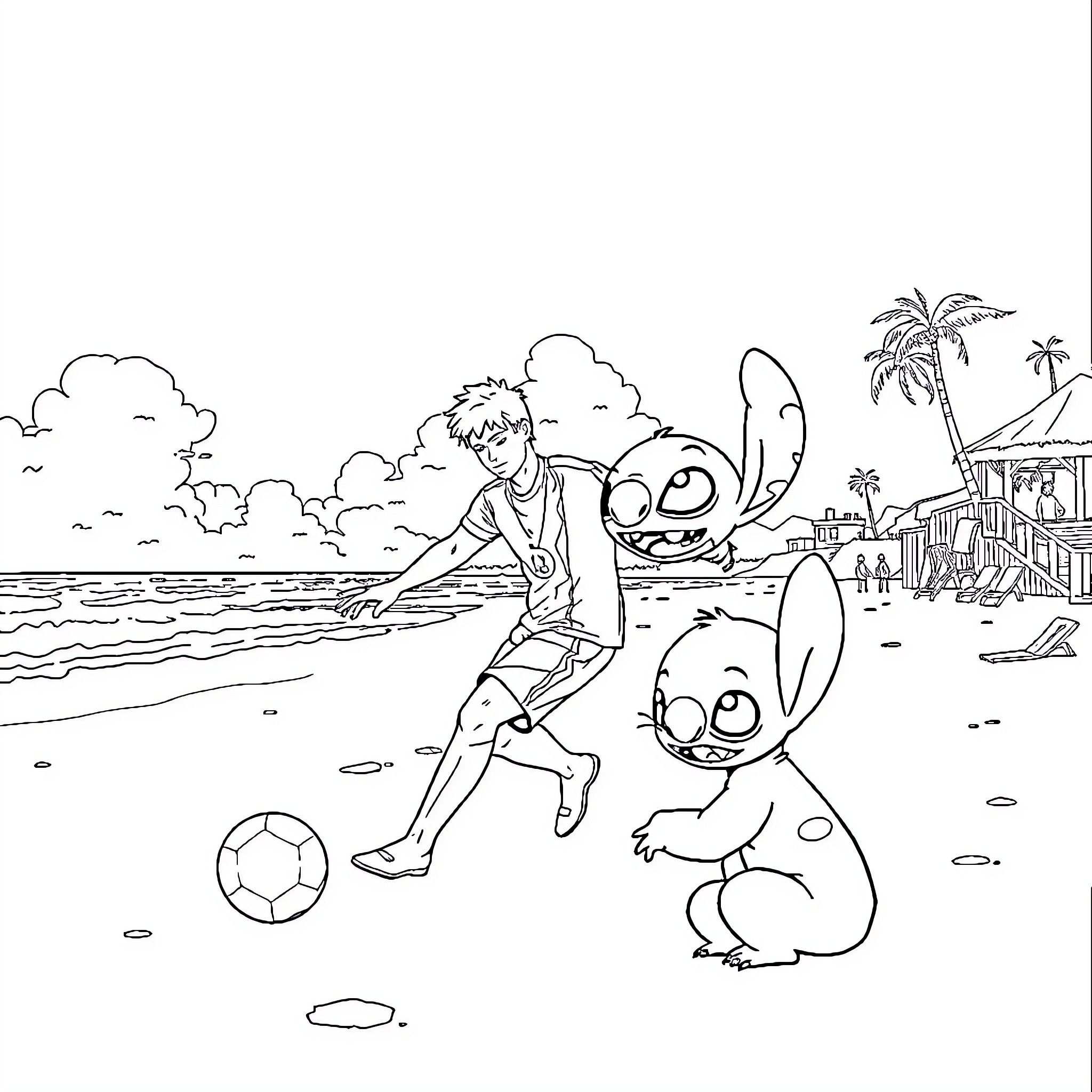 Joueur s'amusant avec des personnages sur la plage Coloring Page (free black-and-white line drawing printable PDF for all, from beginners to advanced learners, including children, teens, adults, and seniors)