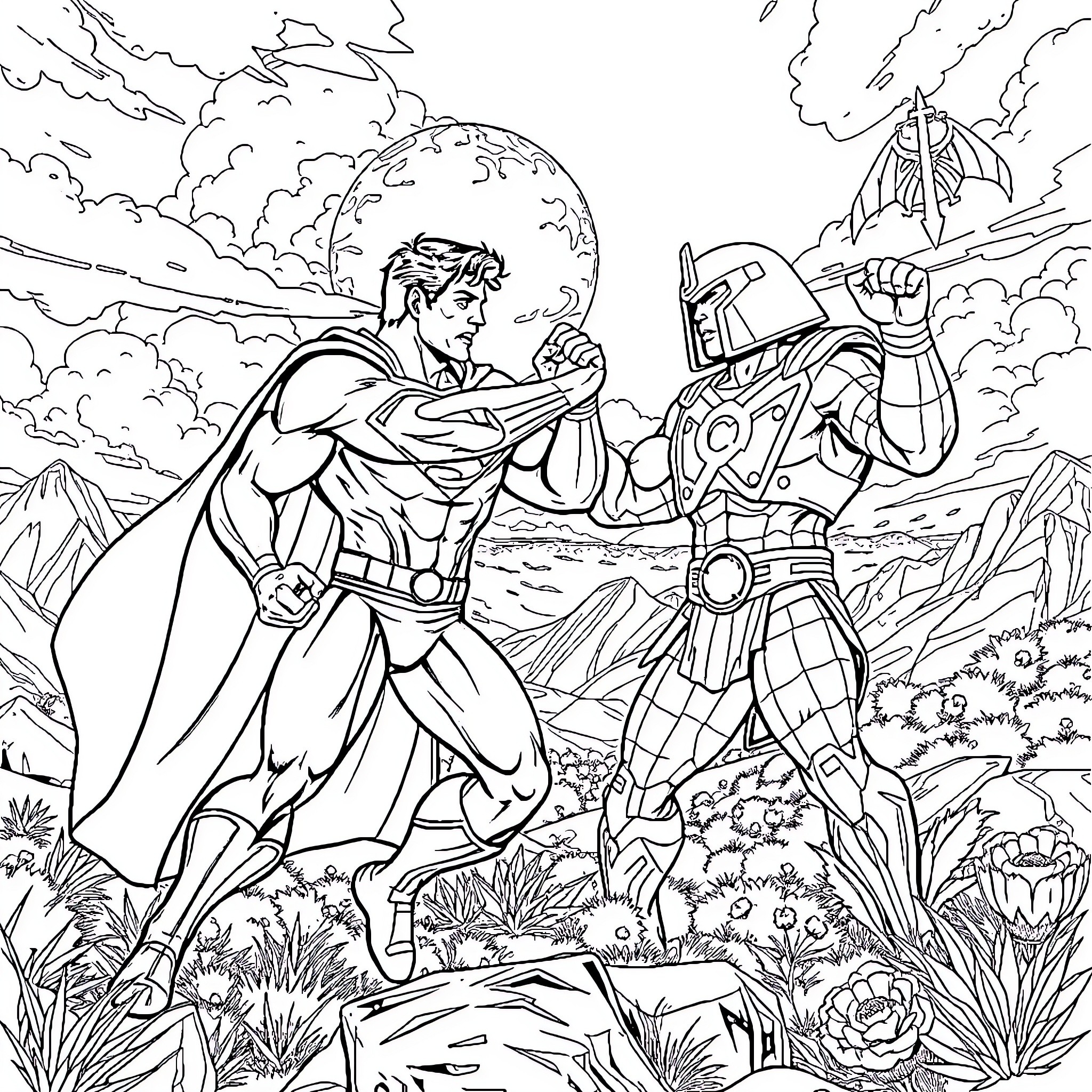 Superman confronting a powerful robot in an epic battle Coloring Page (free black-and-white line drawing printable PDF for all, from beginners to advanced learners, including children, teens, adults, and seniors)
