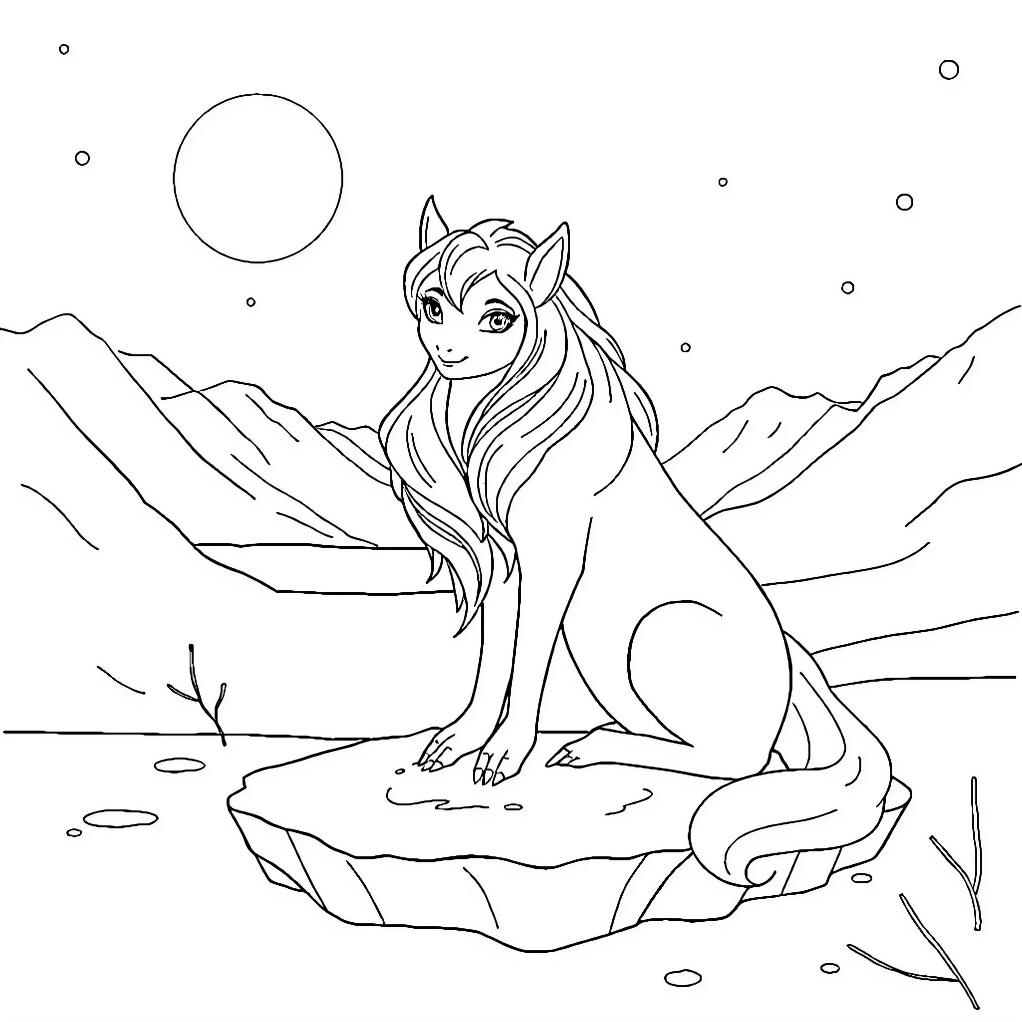 Queen in the Moonlit Mountain Landscape Coloring Page (free black-and-white line drawing printable PDF for all, from beginners to advanced learners, including children, teens, adults, and seniors)