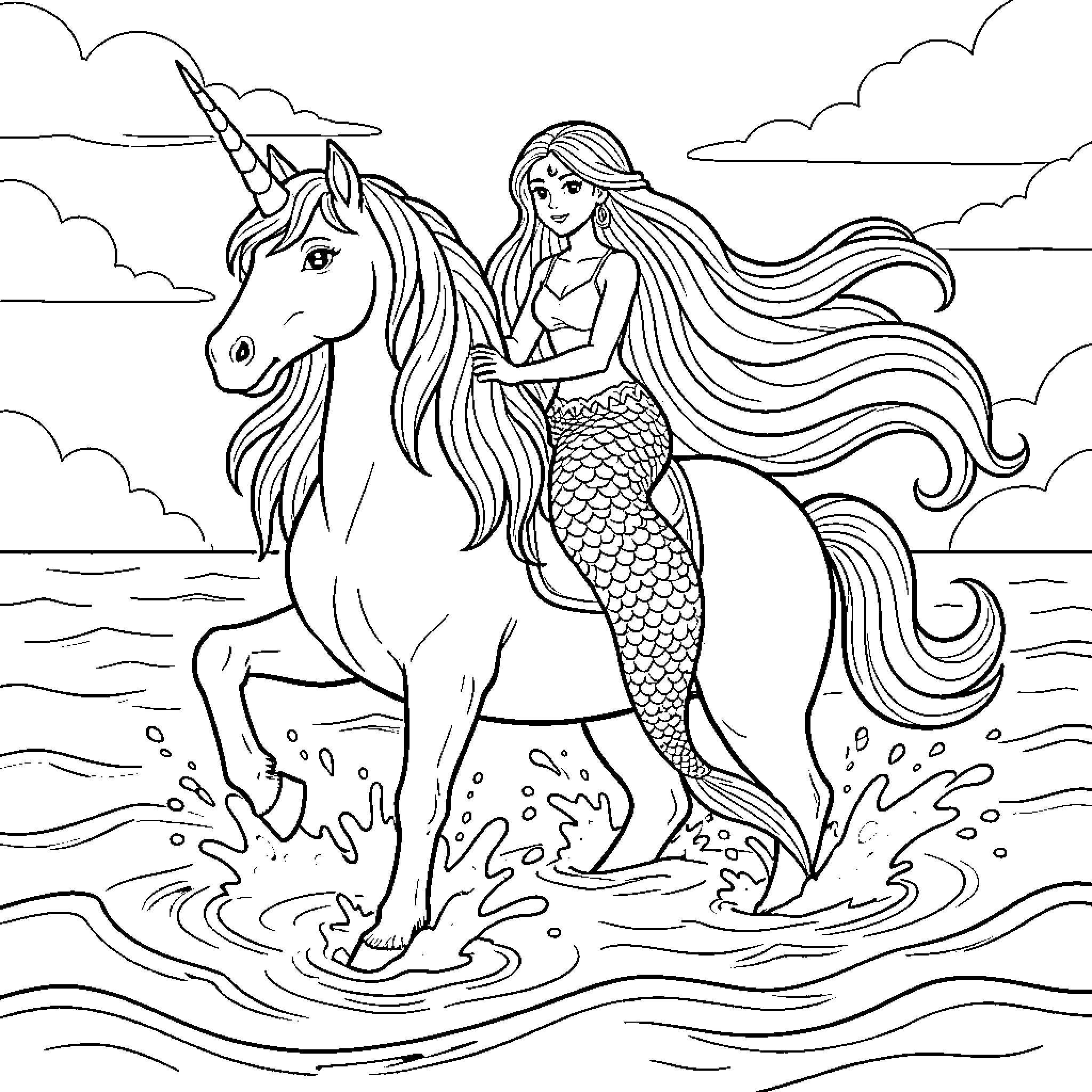 Unicorn and Mermaid Riding Through the Waves Coloring Page (free black-and-white line drawing printable PDF for all, from beginners to advanced learners, including children, teens, adults, and seniors)