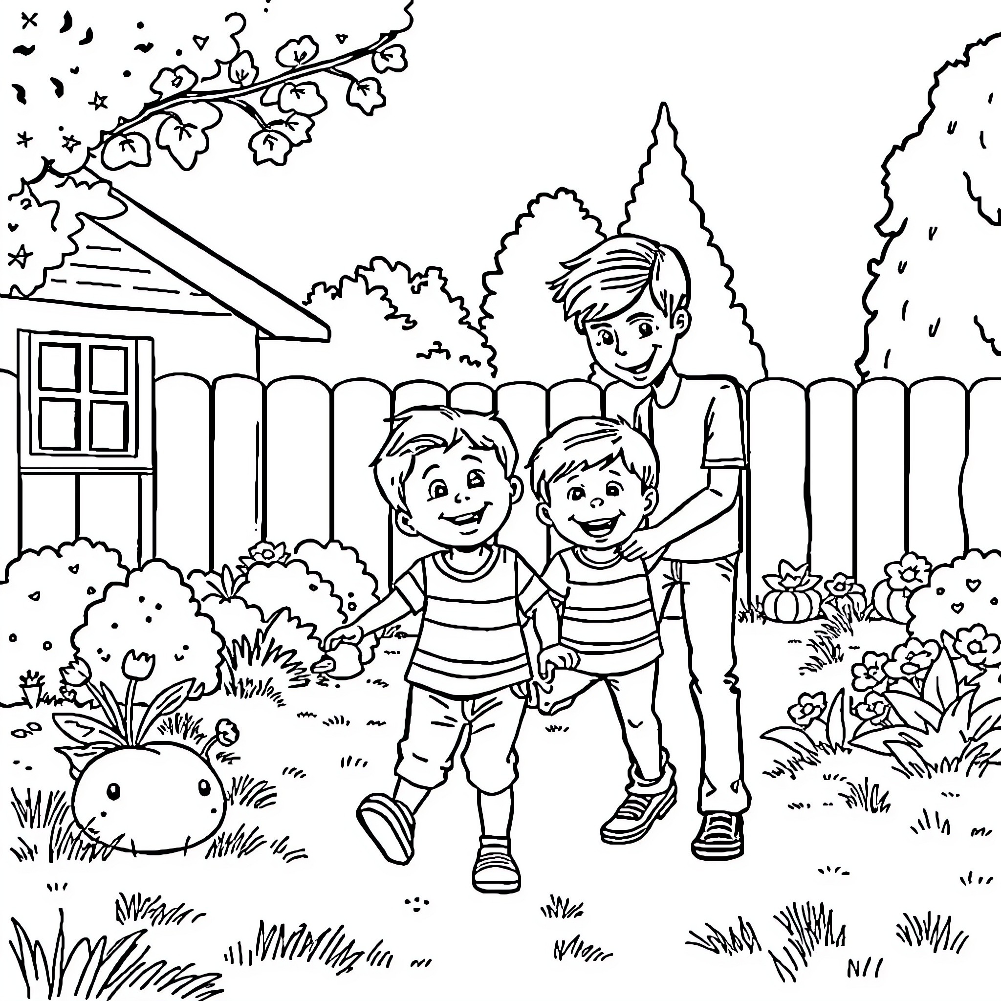 Family enjoying a day outdoors in the garden Coloring Page (free black-and-white line drawing printable PDF for all, from beginners to advanced learners, including children, teens, adults, and seniors)