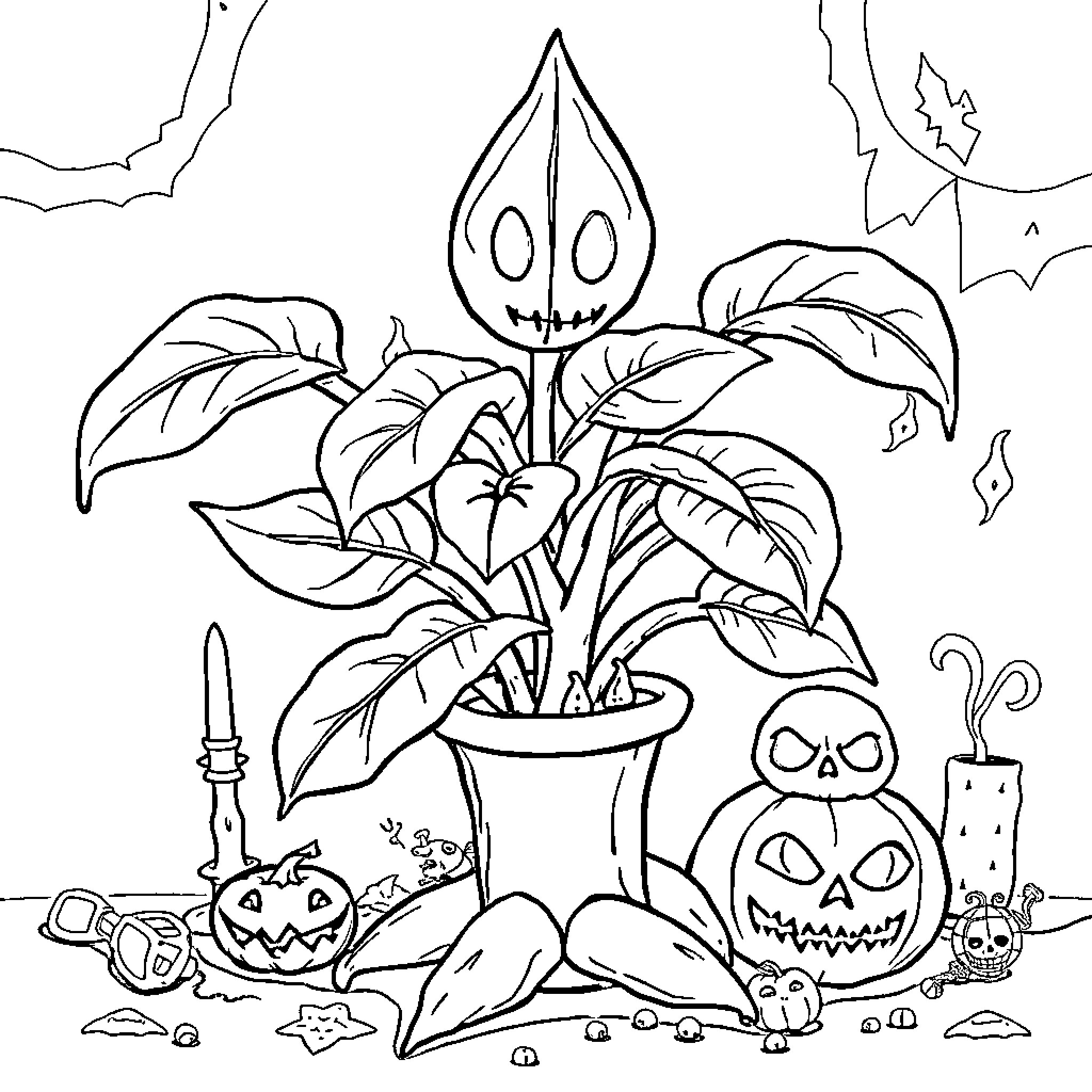 Plant with scary faces in Halloween-themed scene Coloring Page (free black-and-white line drawing printable PDF for all, from beginners to advanced learners, including children, teens, adults, and seniors)