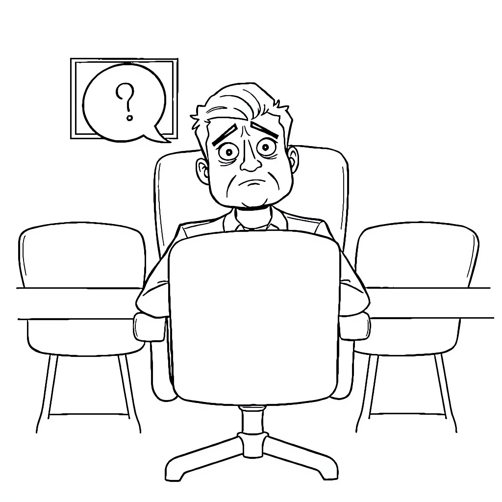 Adult seated at desk with confused expression Coloring Page (free black-and-white line drawing printable PDF for all, from beginners to advanced learners, including children, teens, adults, and seniors)