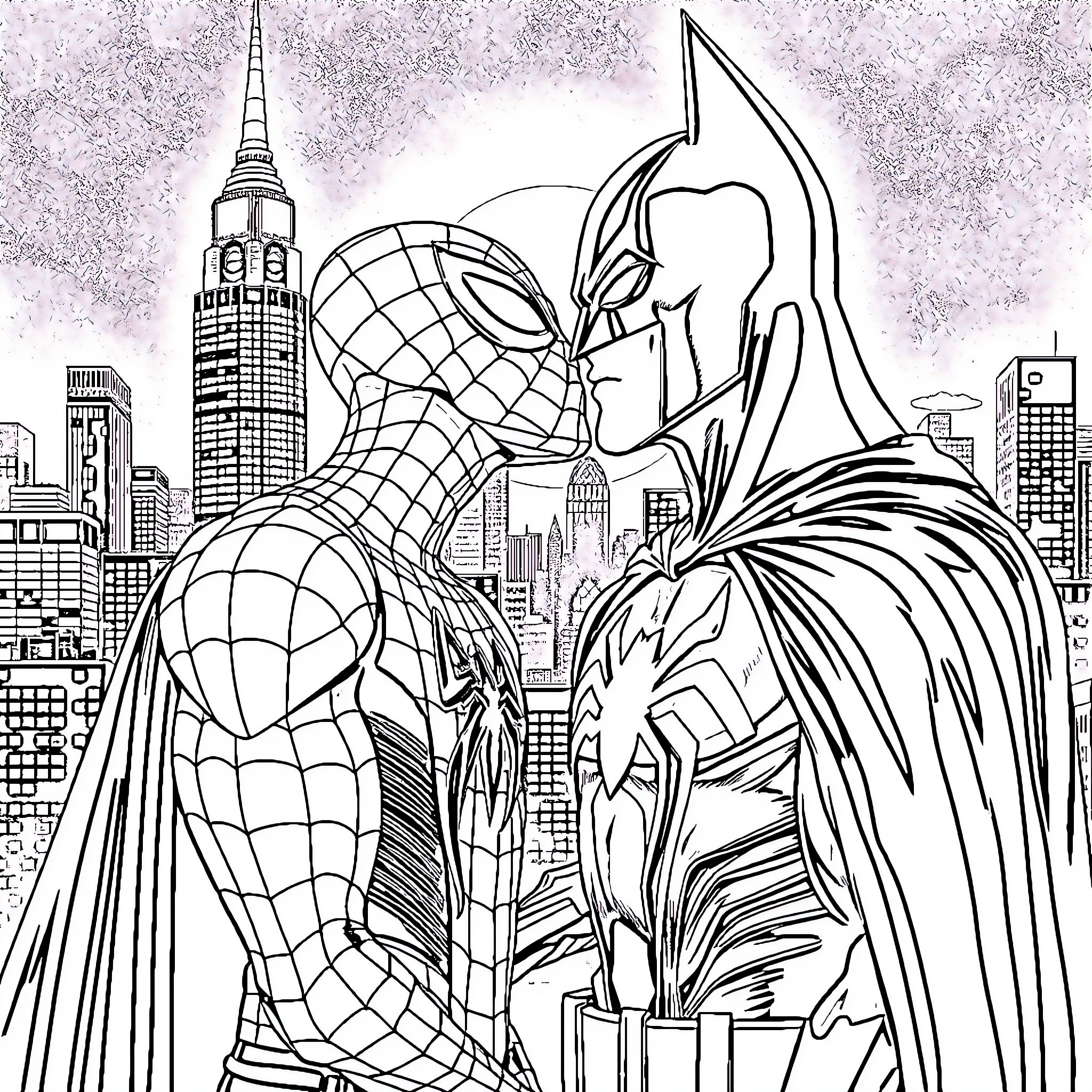 Spiderman and Batman confront each other in the city Coloring Page (free black-and-white line drawing printable PDF for all, from beginners to advanced learners, including children, teens, adults, and seniors)