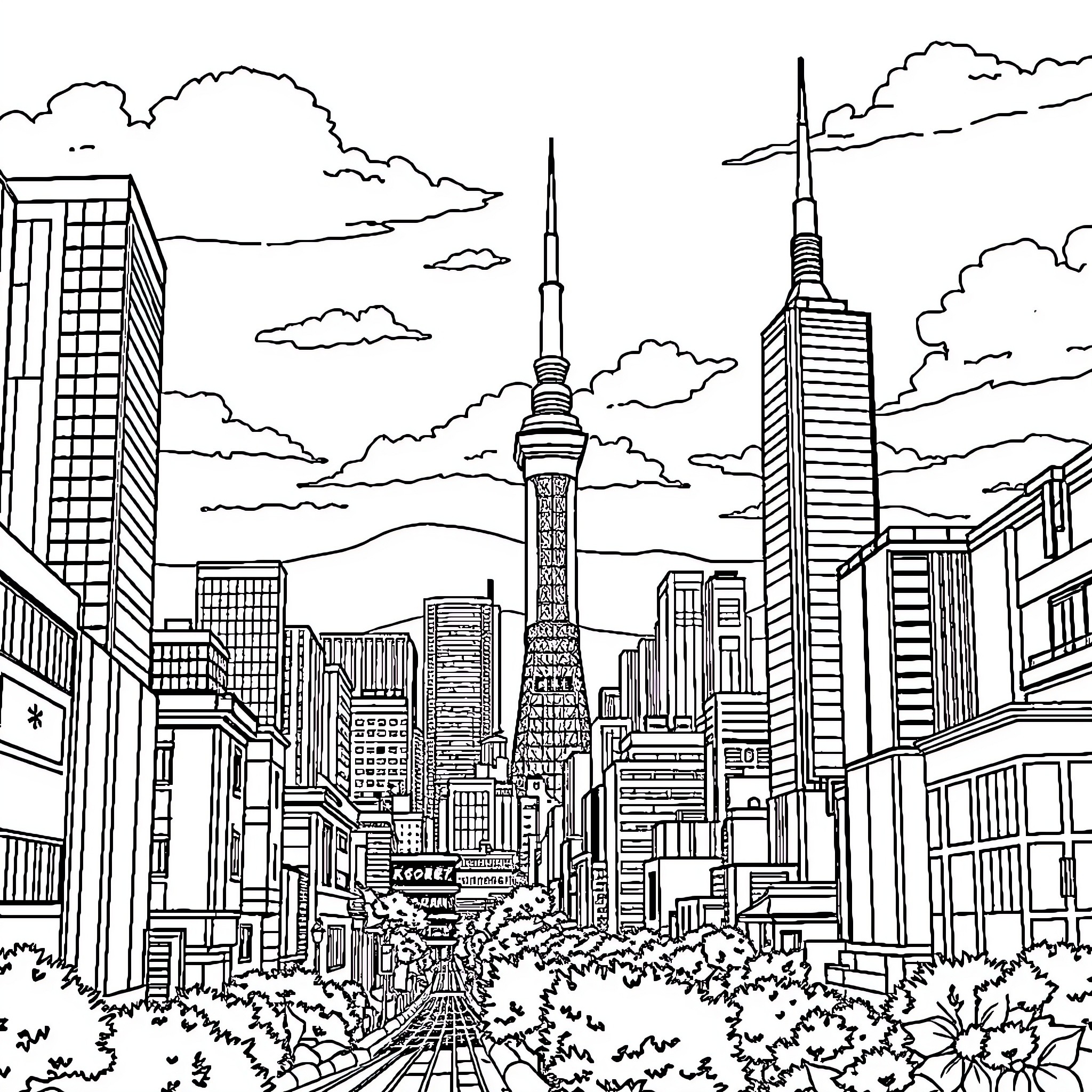 City skyline with skyscrapers and iconic towers Coloring Page (free black-and-white line drawing printable PDF for all, from beginners to advanced learners, including children, teens, adults, and seniors)