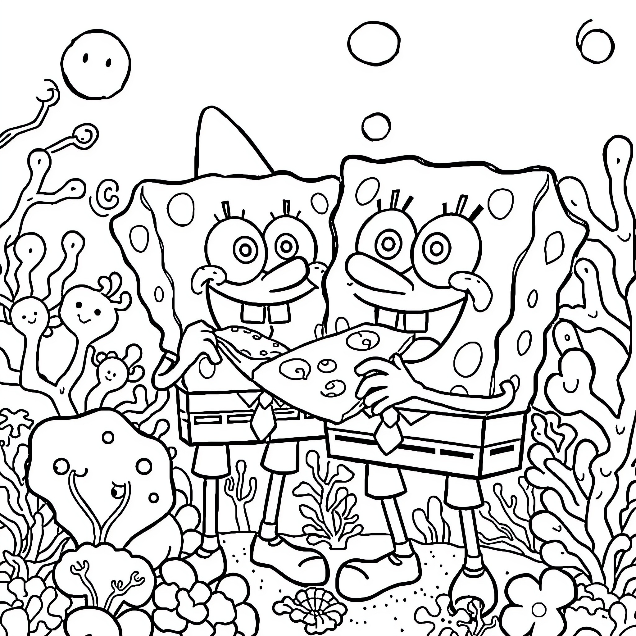 Spongebob and Patrick having fun underwater Coloring Page (free black-and-white line drawing printable PDF for all, from beginners to advanced learners, including children, teens, adults, and seniors)
