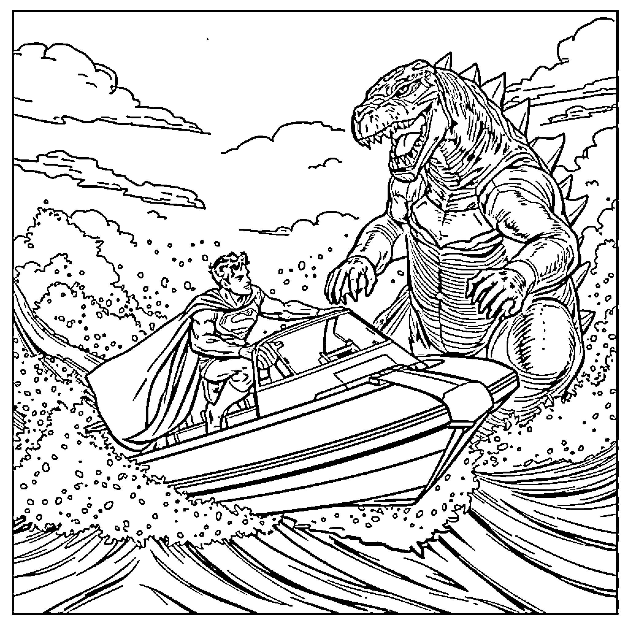 Superman battles a giant monster in a sci-fi landscape Coloring Page (free black-and-white line drawing printable PDF for all, from beginners to advanced learners, including children, teens, adults, and seniors)