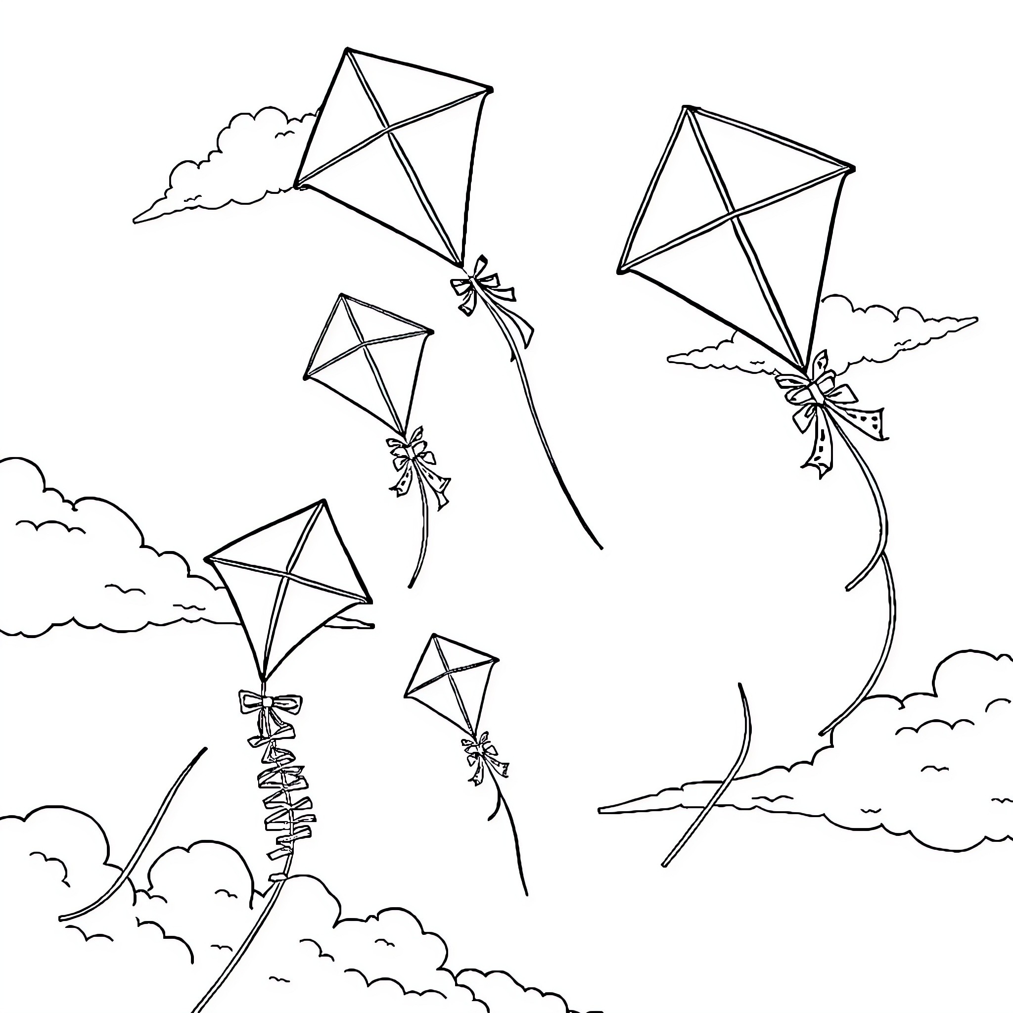Kites dancing in the wind and clouds Coloring Page (free black-and-white line drawing printable PDF for all, from beginners to advanced learners, including children, teens, adults, and seniors)