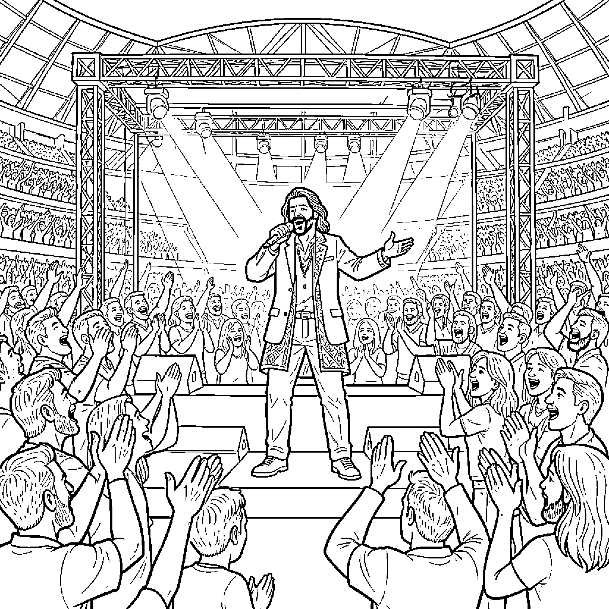 Rumi performing on stage before an enthusiastic crowd Coloring Page (free black-and-white line drawing printable PDF for all, from beginners to advanced learners, including children, teens, adults, and seniors)