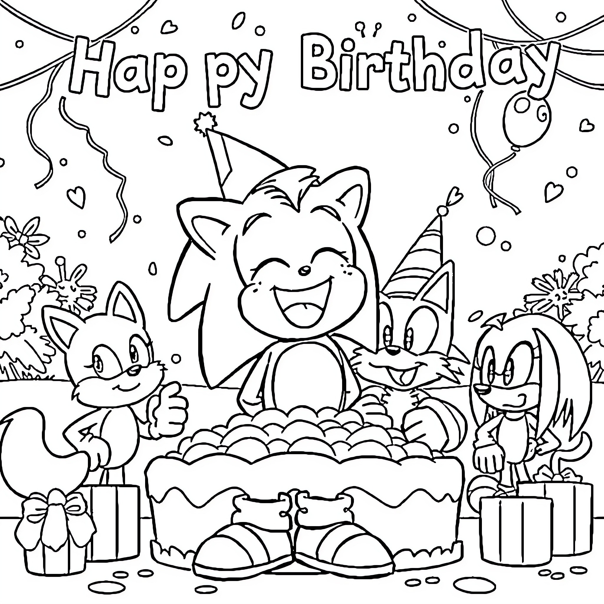 Boy celebrating birthday with cute animals Coloring Page (free black-and-white line drawing printable PDF for all, from beginners to advanced learners, including children, teens, adults, and seniors)