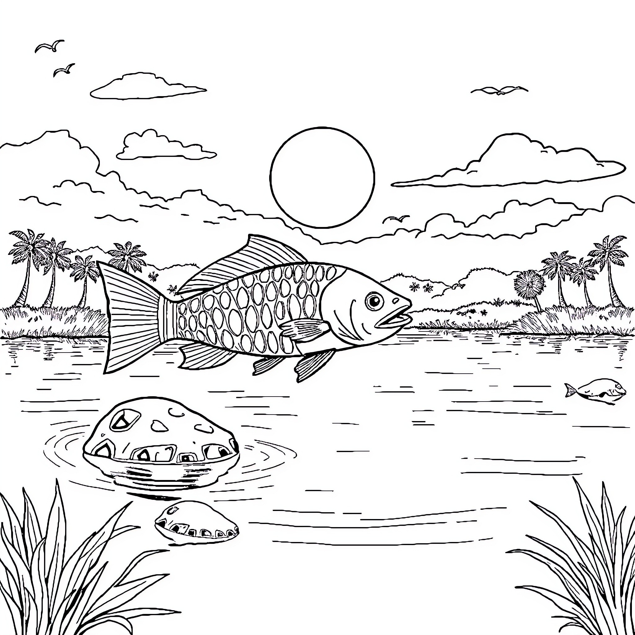 Bear swimming in tropical paradise Coloring Page (free black-and-white line drawing printable PDF for all, from beginners to advanced learners, including children, teens, adults, and seniors)