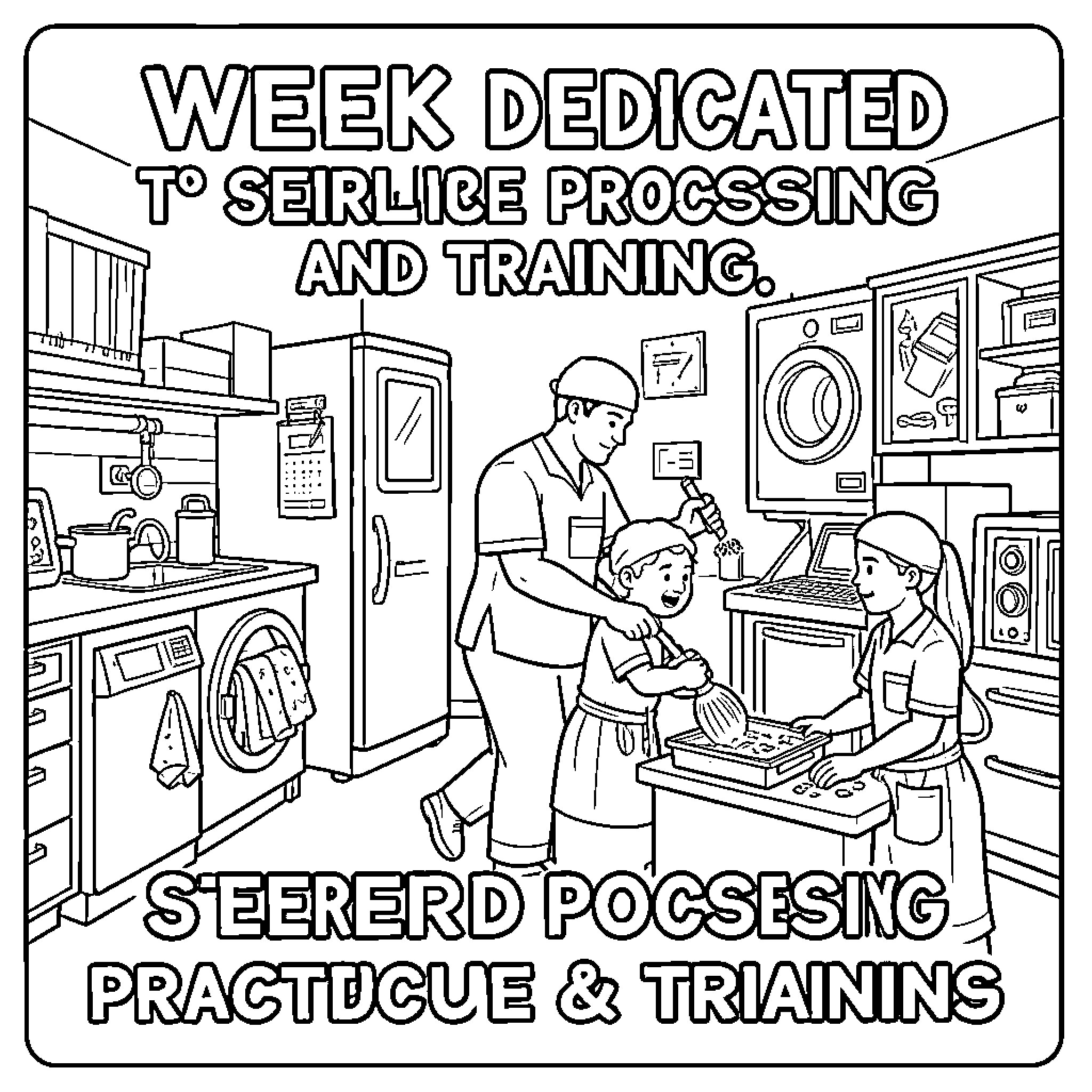 Sterile Processing staff conducting training in a facility Coloring Page (free black-and-white line drawing printable PDF for all, from beginners to advanced learners, including children, teens, adults, and seniors)