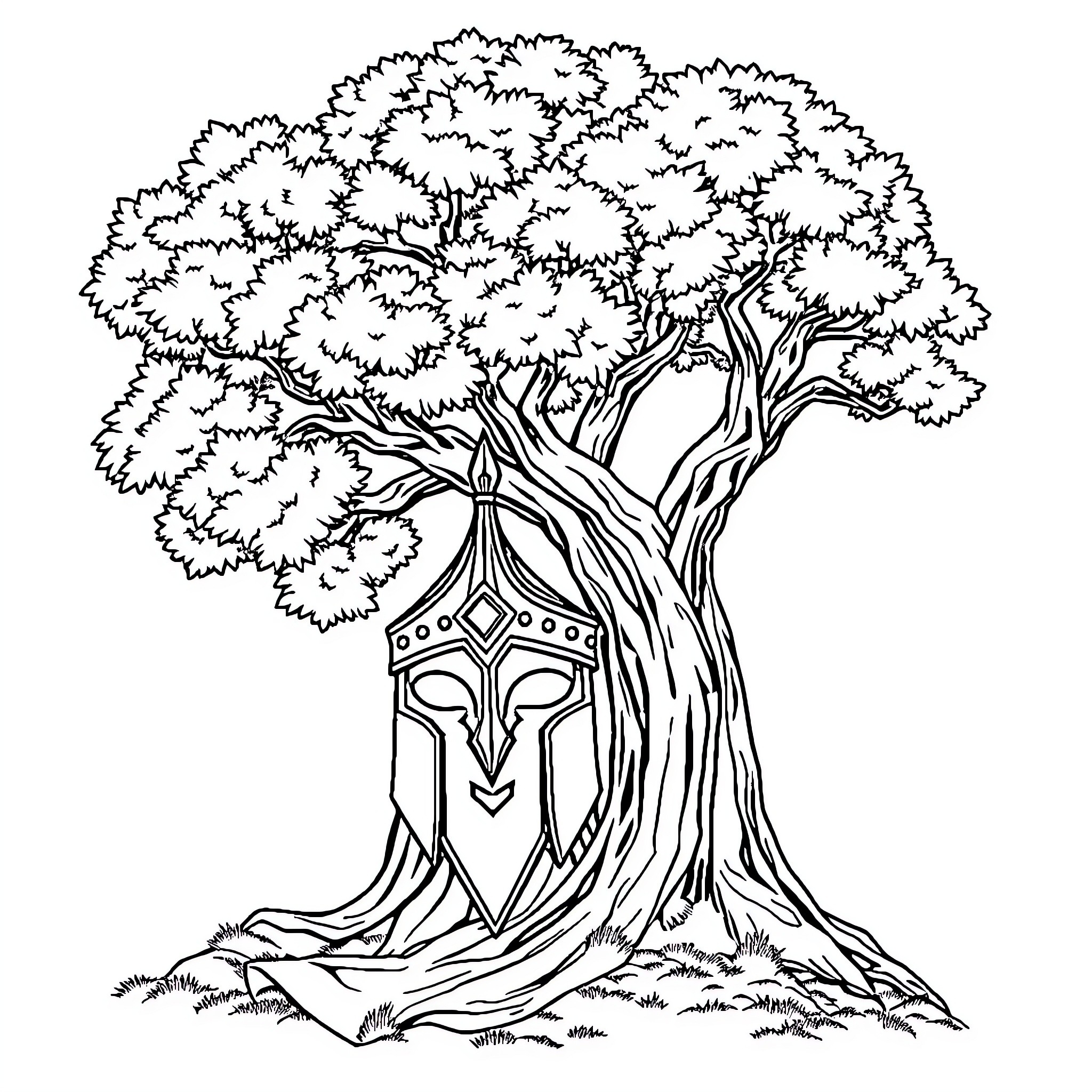 Helm of Awe - Mysterious Tree with Intricate Mask Coloring Page (free black-and-white line drawing printable PDF for all, from beginners to advanced learners, including children, teens, adults, and seniors)