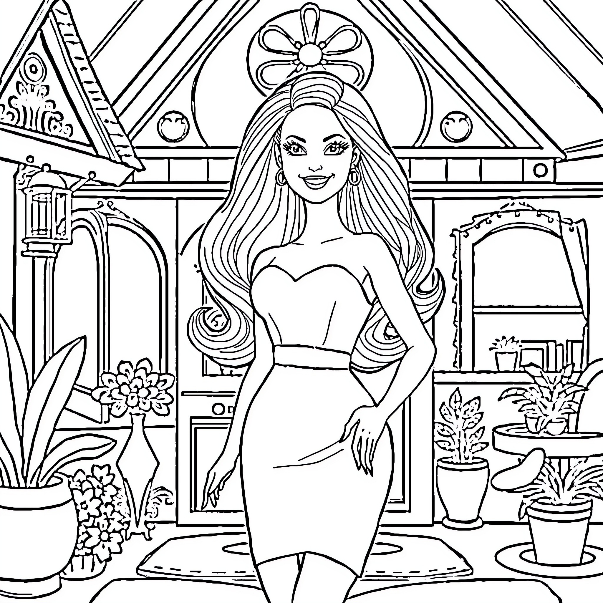 Barbie posing in a stylish interior setting Coloring Page (free black-and-white line drawing printable PDF for all, from beginners to advanced learners, including children, teens, adults, and seniors)