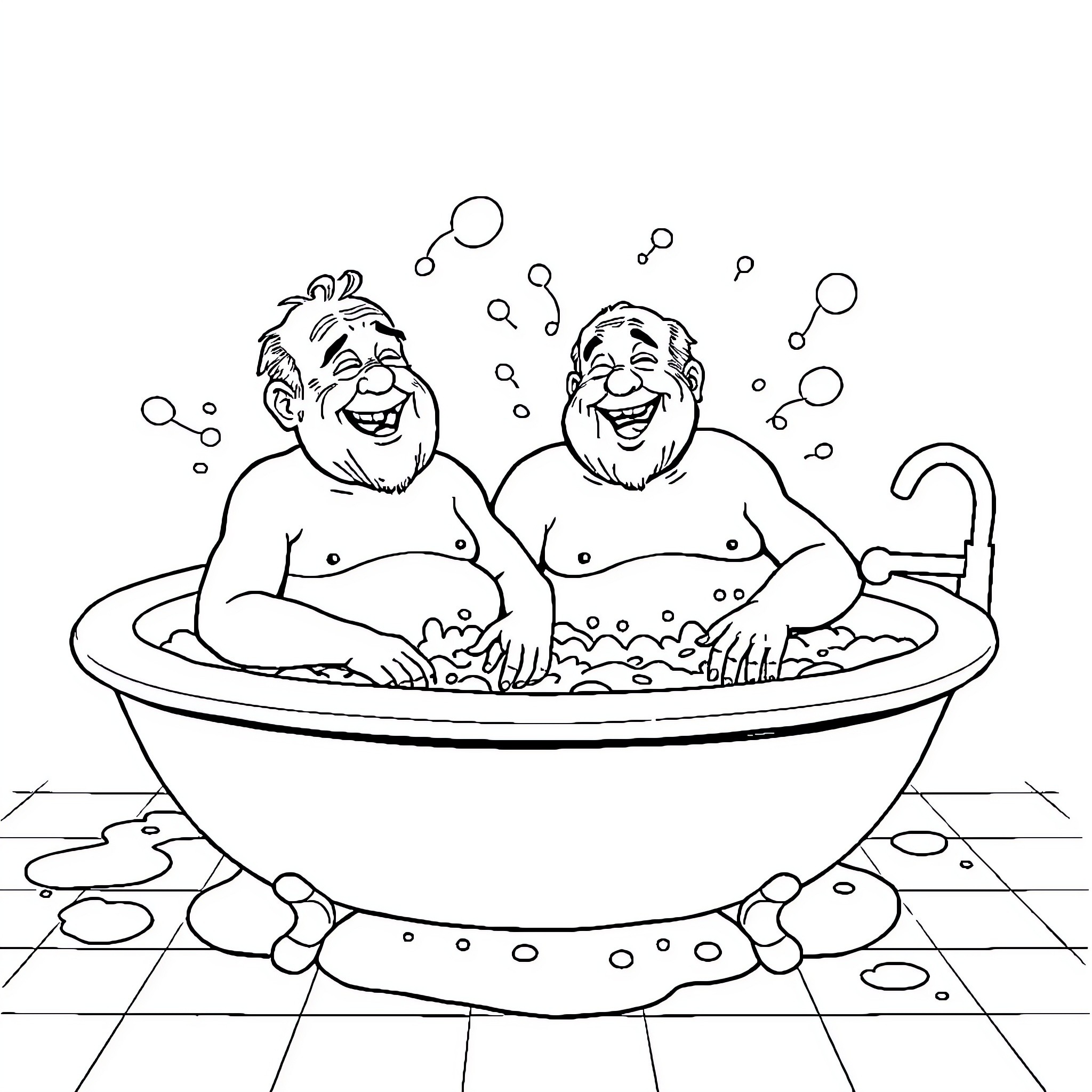 Men enjoying relaxing bath together Coloring Page (free black-and-white line drawing printable PDF for all, from beginners to advanced learners, including children, teens, adults, and seniors)