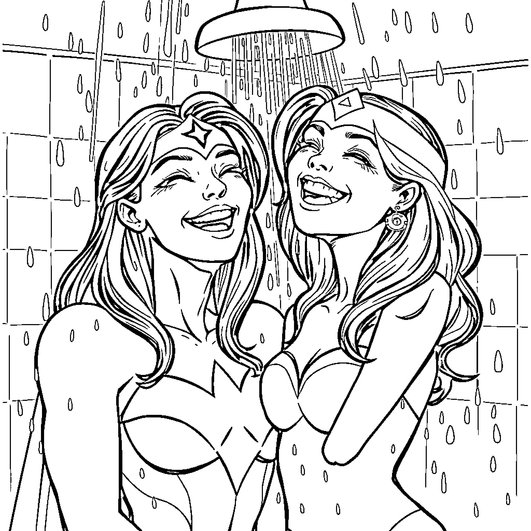 Superwoman friends enjoying a refreshing shower Coloring Page (free black-and-white line drawing printable PDF for all, from beginners to advanced learners, including children, teens, adults, and seniors)