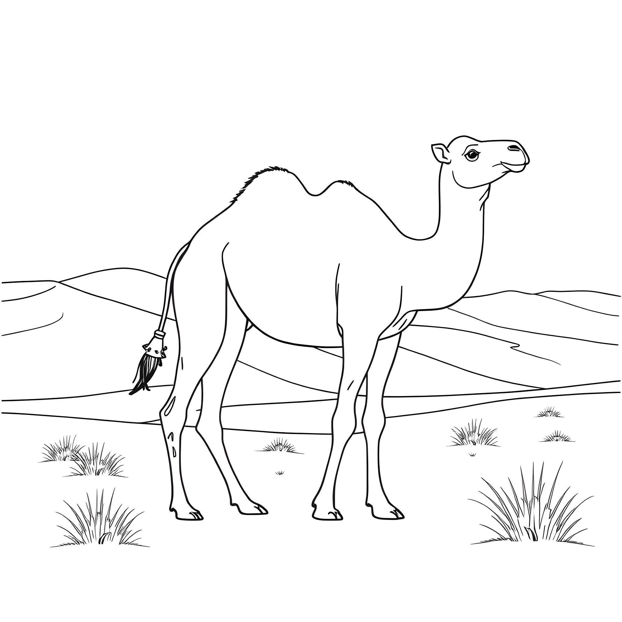 Camel standing in the desert landscape Coloring Page (free black-and-white line drawing printable PDF for all, from beginners to advanced learners, including children, teens, adults, and seniors)