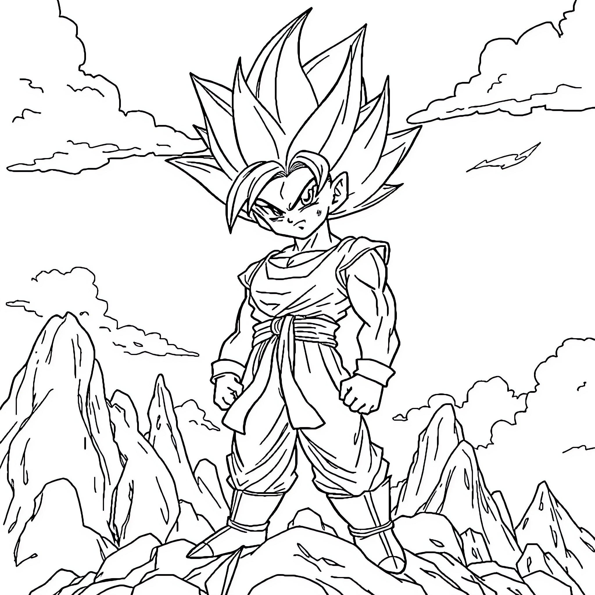Vegeta's Fierce Warrior Spirit Amidst the Rugged Landscape Coloring Page (free black-and-white line drawing printable PDF for all, from beginners to advanced learners, including children, teens, adults, and seniors)