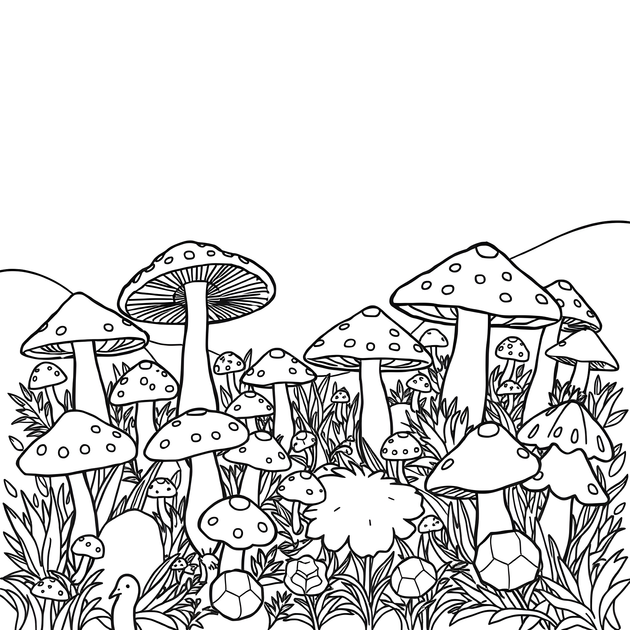 Mushroom forest with whimsical scenes Coloring Page (free black-and-white line drawing printable PDF for all, from beginners to advanced learners, including children, teens, adults, and seniors)