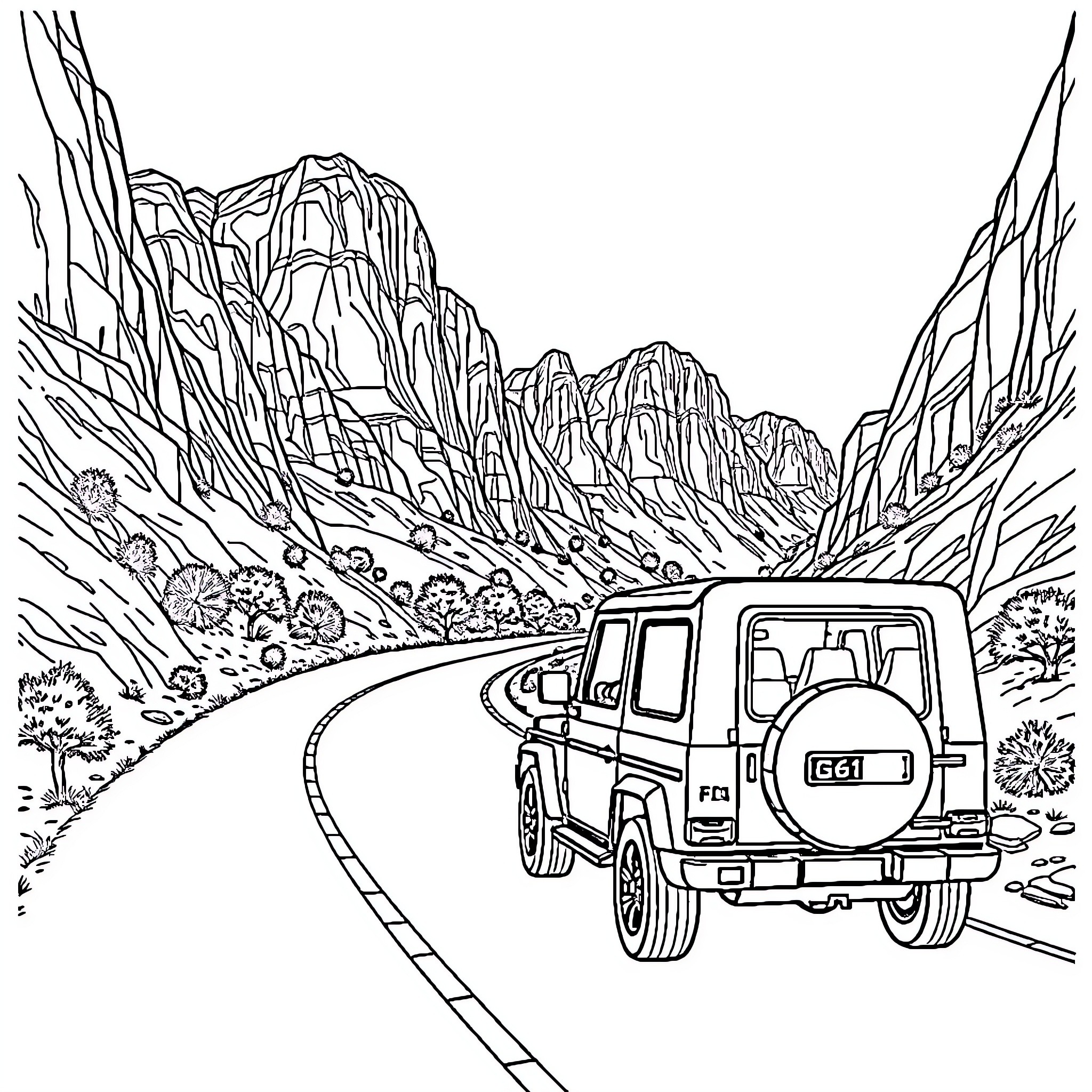 G Wagon traversing scenic mountain road Coloring Page (free black-and-white line drawing printable PDF for all, from beginners to advanced learners, including children, teens, adults, and seniors)