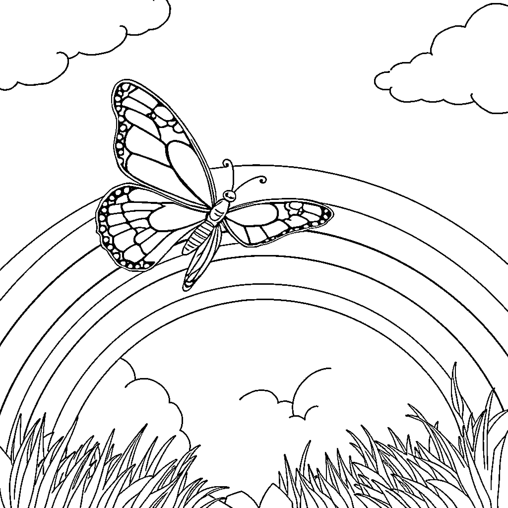 Butterfly soaring over a grassy field Coloring Page (free black-and-white line drawing printable PDF for all, from beginners to advanced learners, including children, teens, adults, and seniors)