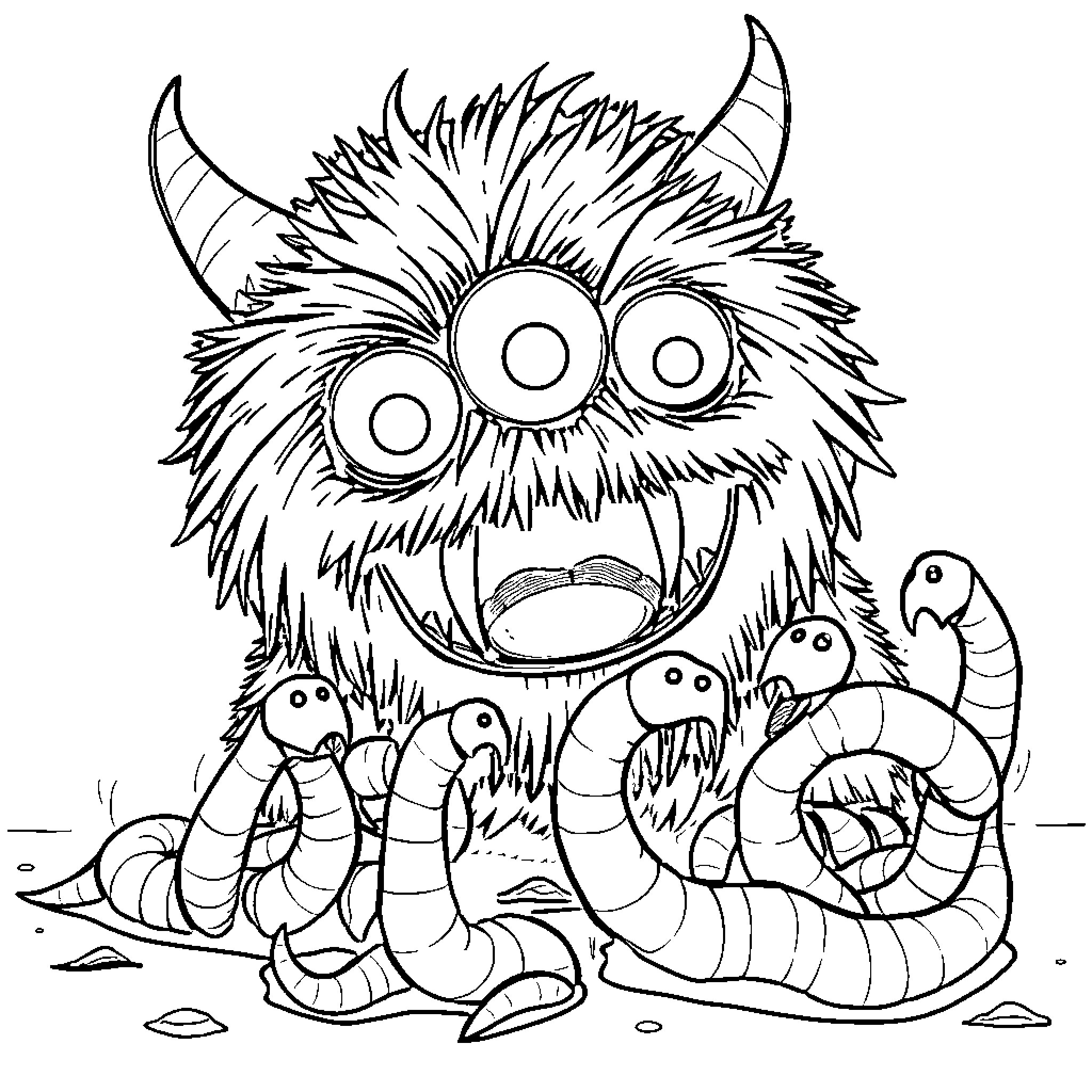 Monster with Worms in Surprise Expression Coloring Page (free black-and-white line drawing printable PDF for all, from beginners to advanced learners, including children, teens, adults, and seniors)