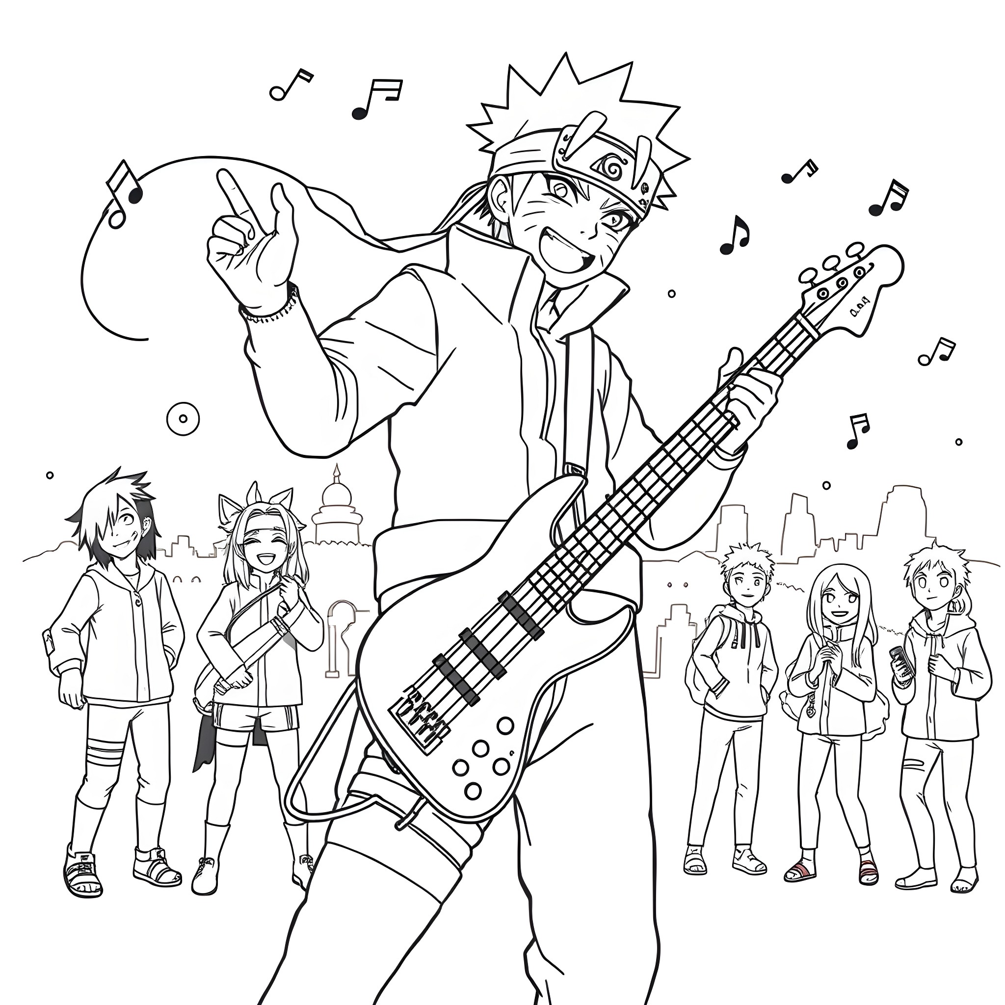 Naruto's Rockin' Musical Adventure Coloring Page (free black-and-white line drawing printable PDF for all, from beginners to advanced learners, including children, teens, adults, and seniors)