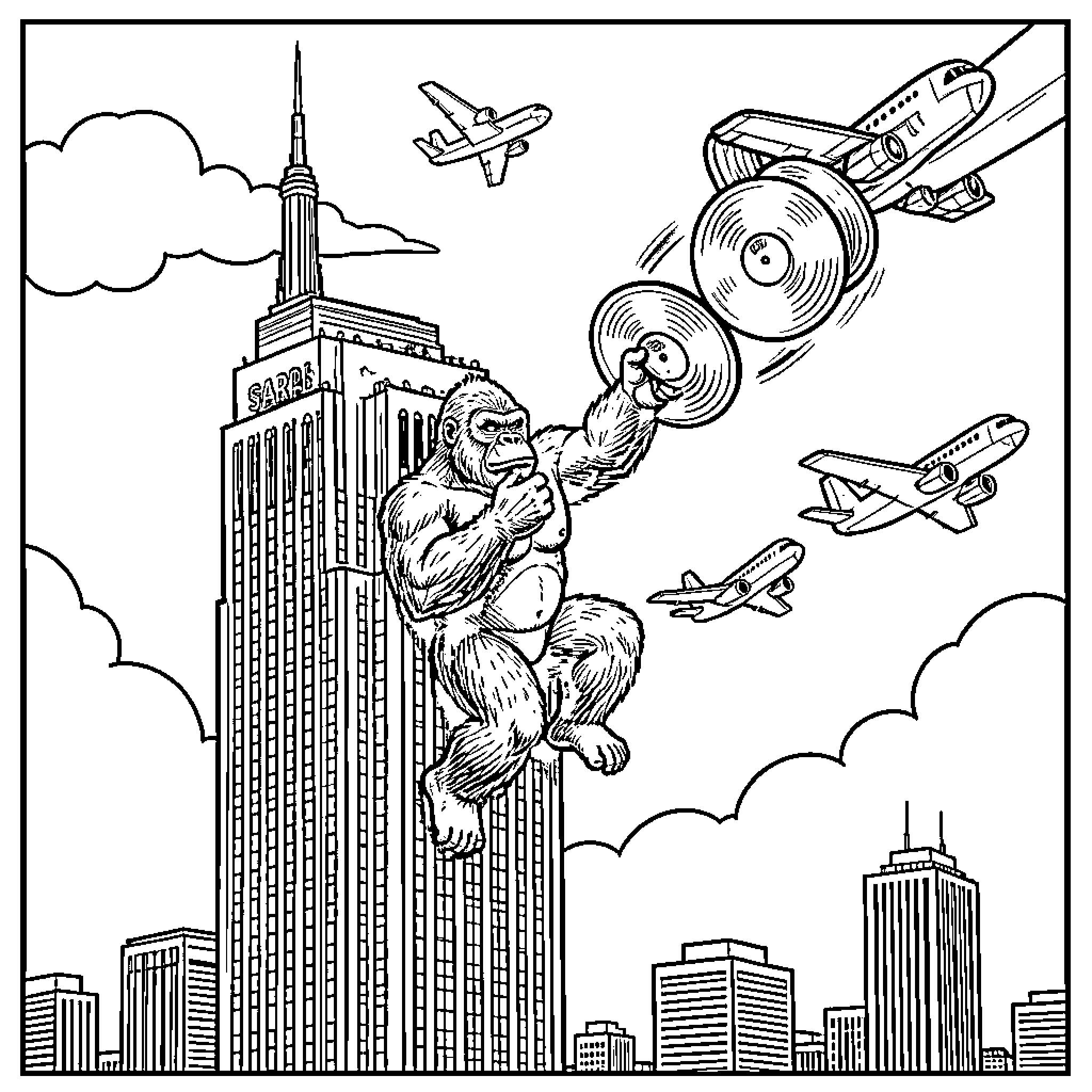 King Kong atop Empire State Building battling planes Coloring Page (free black-and-white line drawing printable PDF for all, from beginners to advanced learners, including children, teens, adults, and seniors)