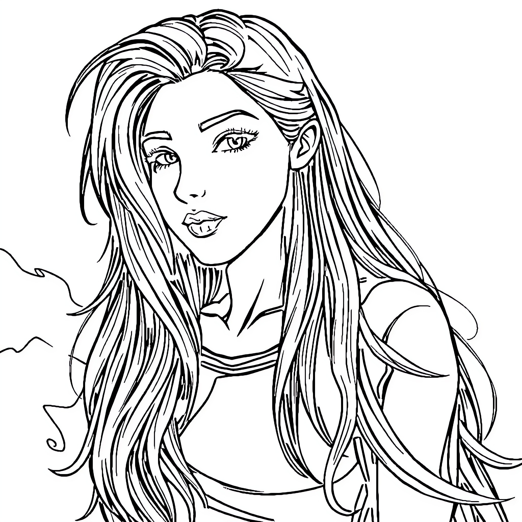 Rapunzel's Flowing Hair and Pensive Expression Coloring Page (free black-and-white line drawing printable PDF for all, from beginners to advanced learners, including children, teens, adults, and seniors)
