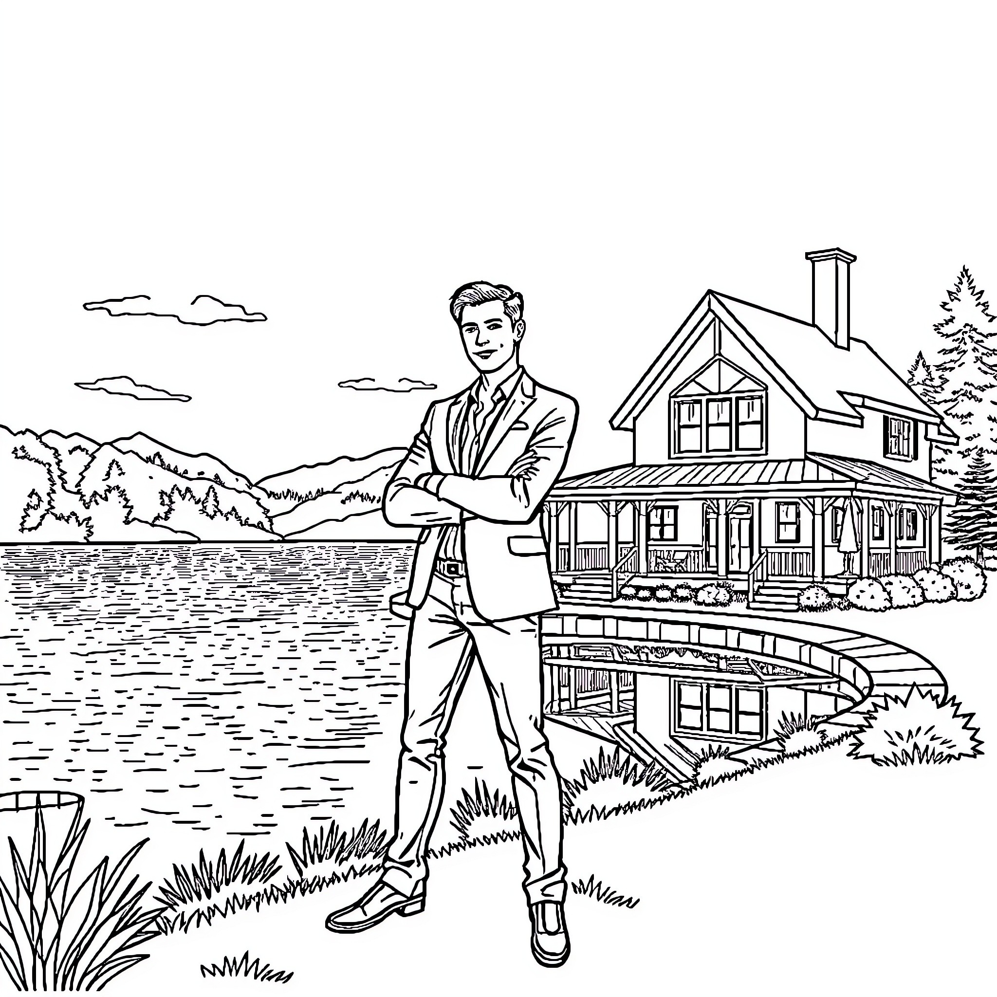 Realtor presenting waterfront home with confidence Coloring Page (free black-and-white line drawing printable PDF for all, from beginners to advanced learners, including children, teens, adults, and seniors)