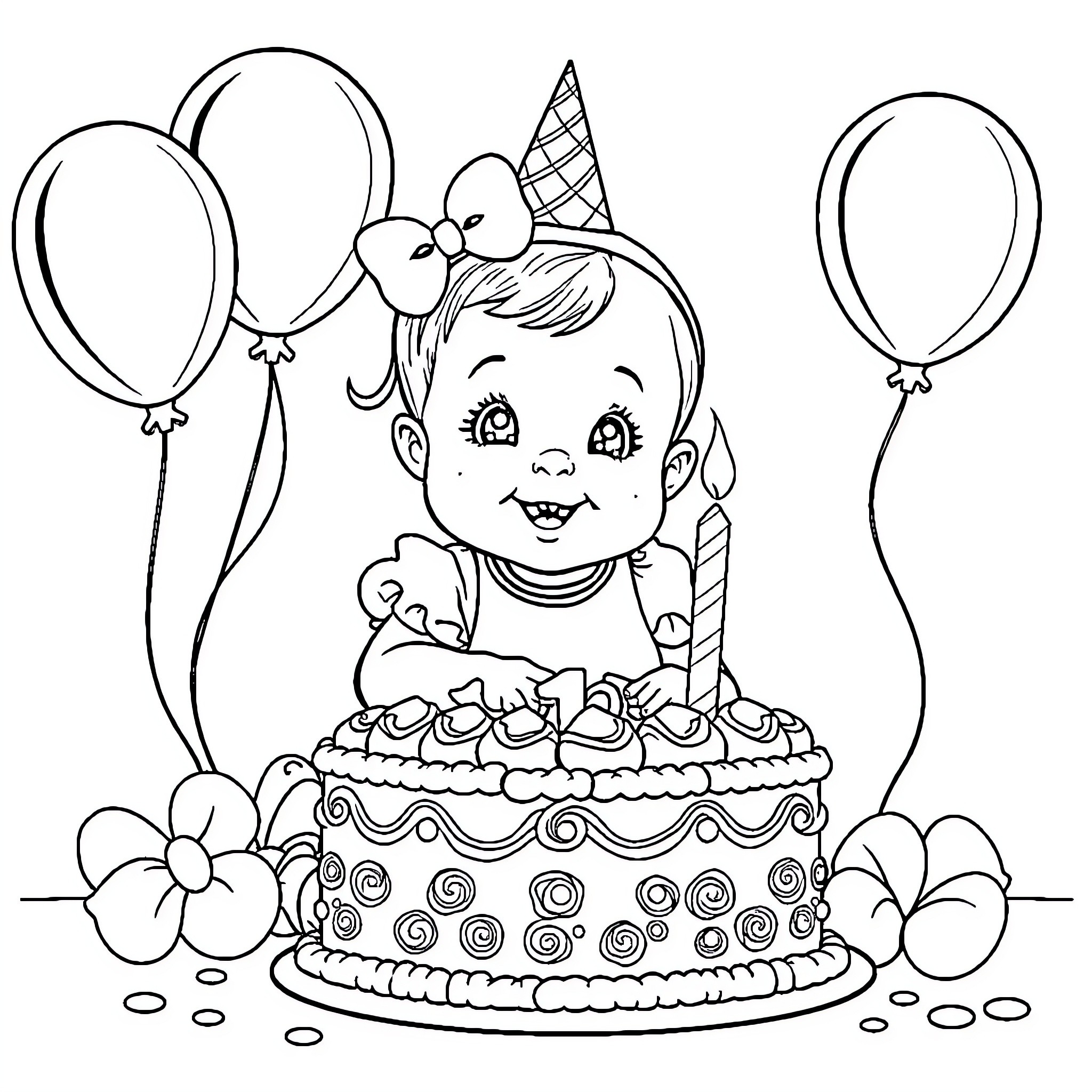 Baby Girl Celebrates Birthday with Cake and Balloons Coloring Page (free black-and-white line drawing printable PDF for all, from beginners to advanced learners, including children, teens, adults, and seniors)