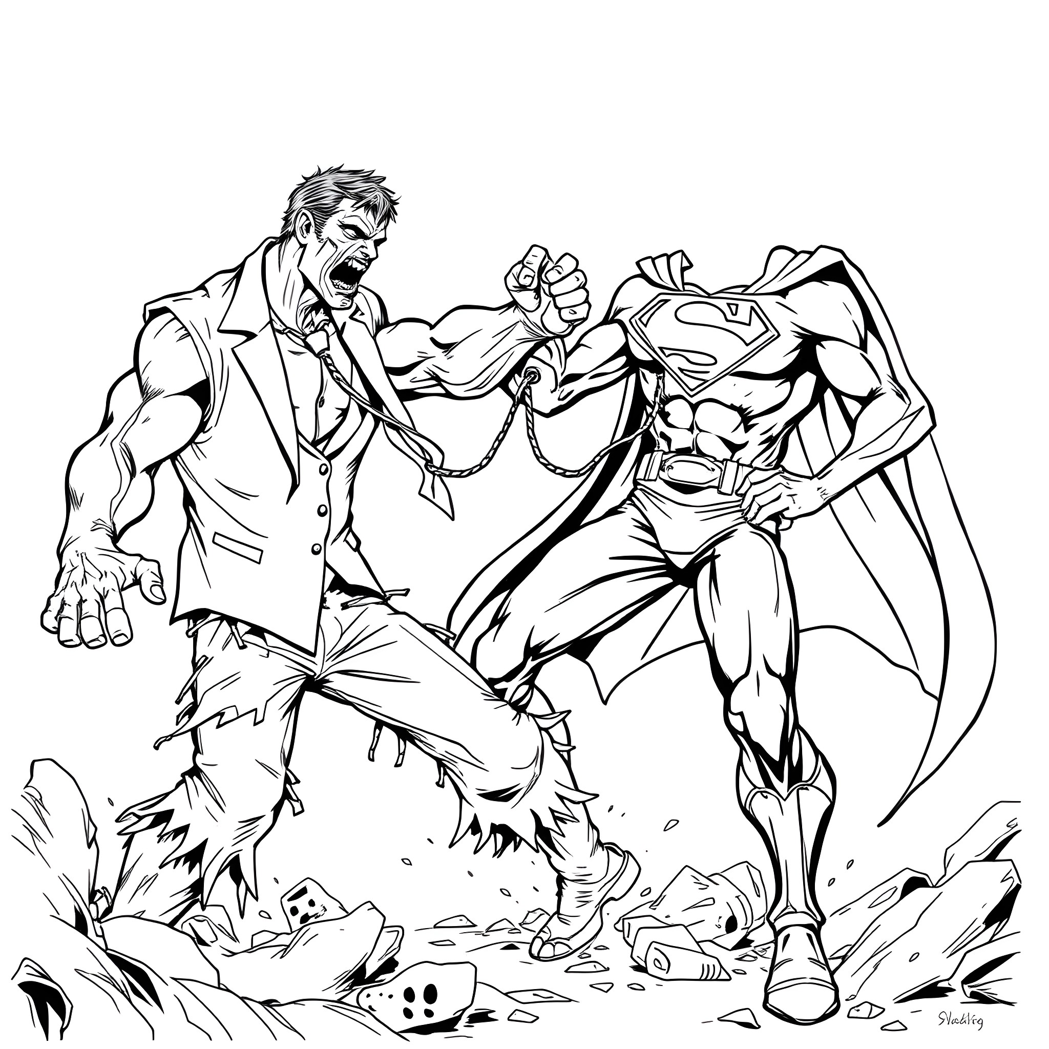 Zombie Hulk VS Superhero Clash Coloring Page (free black-and-white line drawing printable PDF for all, from beginners to advanced learners, including children, teens, adults, and seniors)