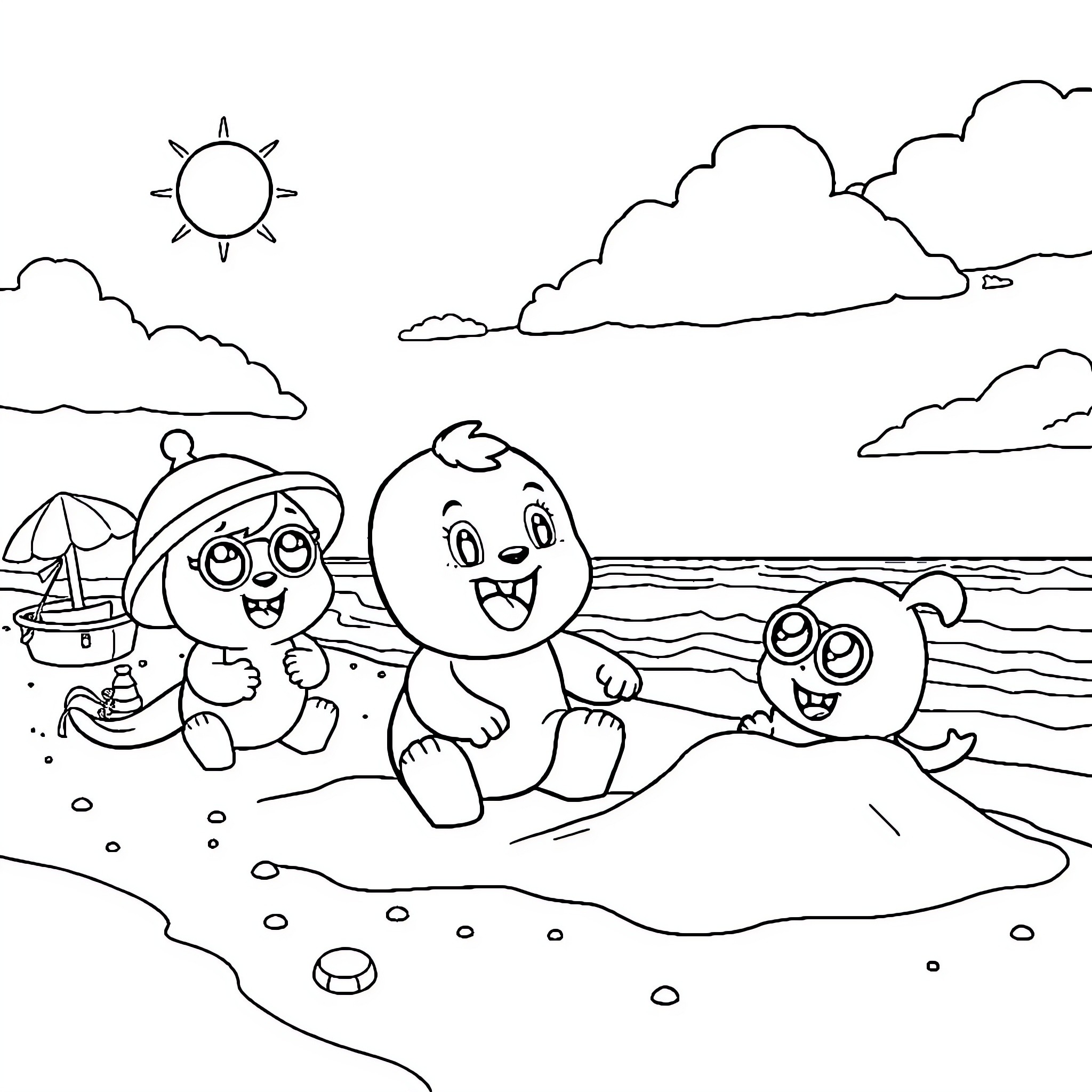 Pororo and friends enjoy a sunny day at the beach Coloring Page (free black-and-white line drawing printable PDF for all, from beginners to advanced learners, including children, teens, adults, and seniors)